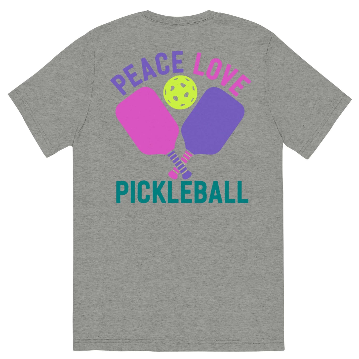Women's Peace, Love, Pickleball Short Sleeve T-Shirt with colorful graphic design on a gray background.