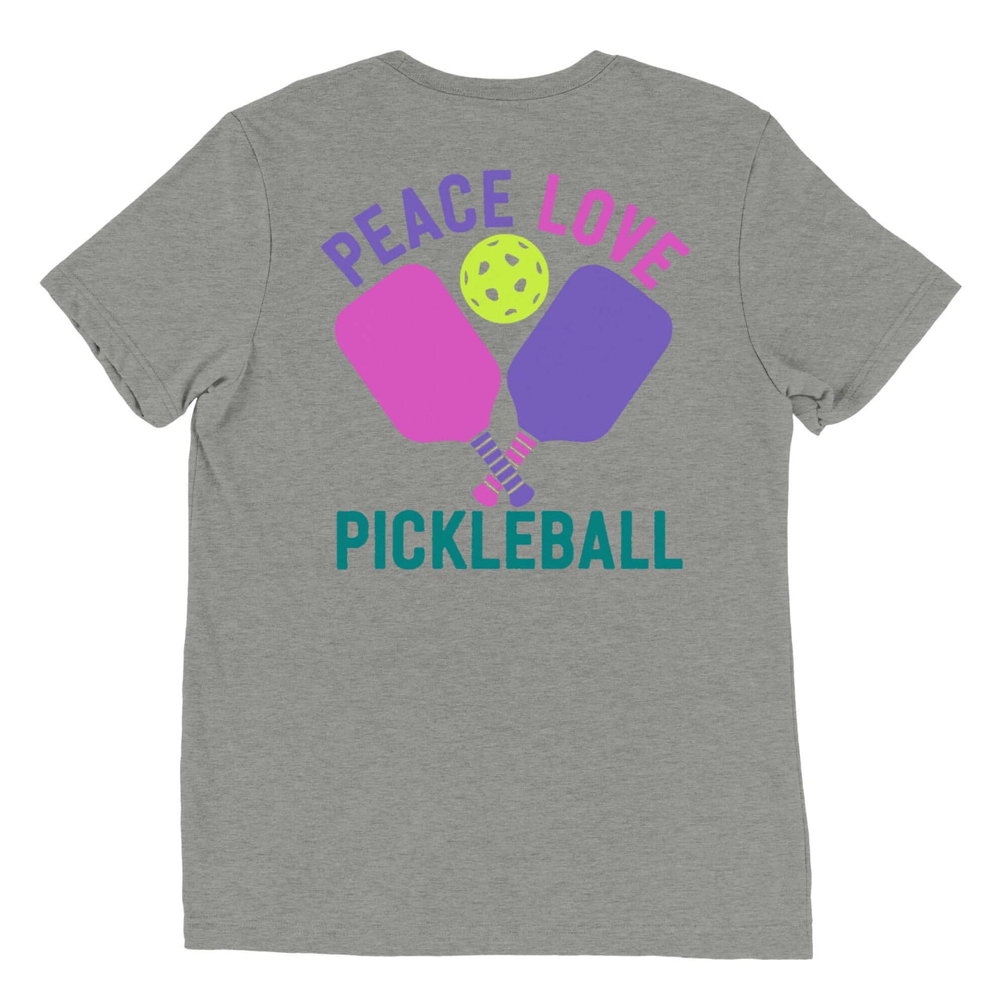 Back view of Women's T-shirt featuring 'Peace Love Pickleball' with colorful paddles and a ball design.