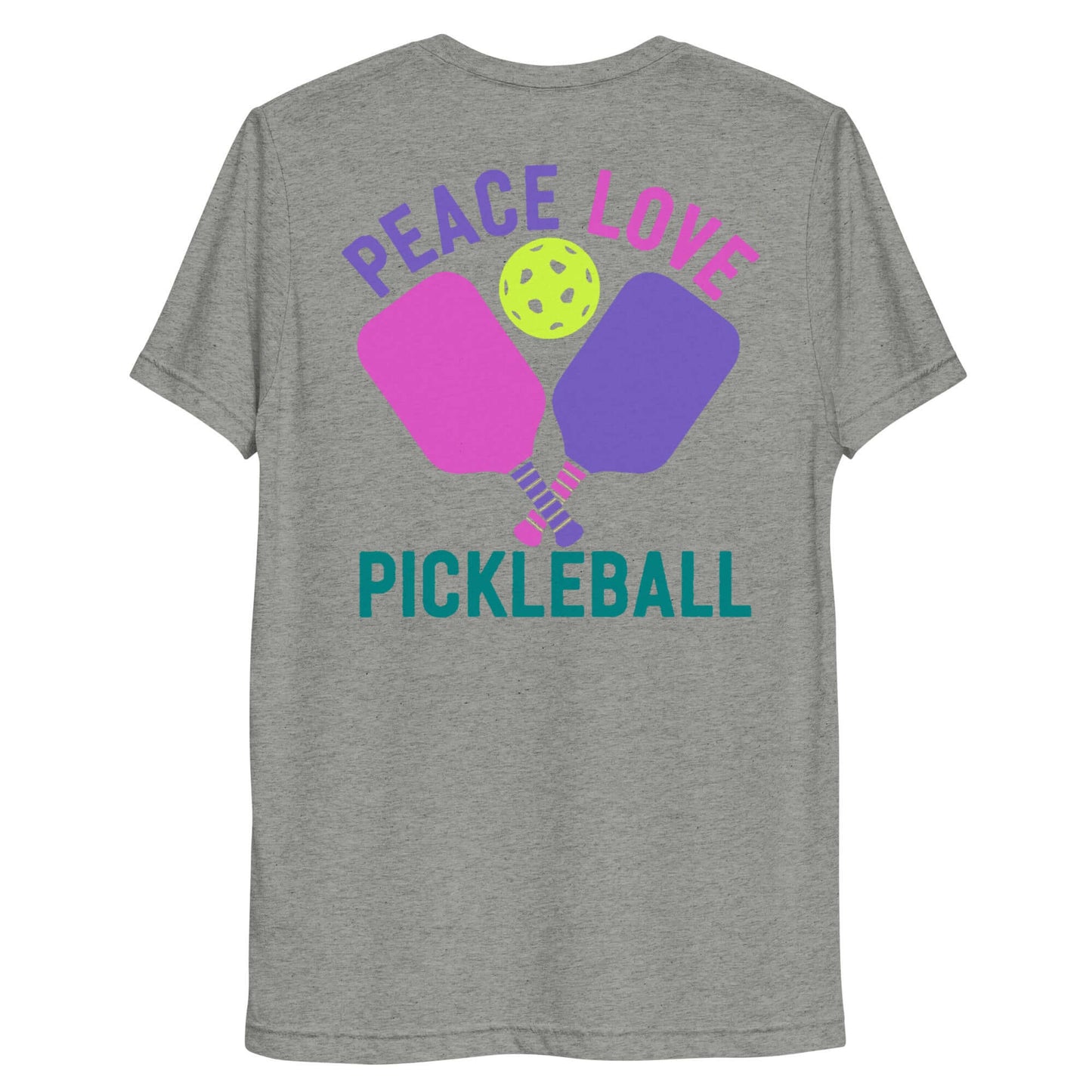 Back view of Women's Peace Love Pickleball T-Shirt featuring colorful paddles and a ball design.