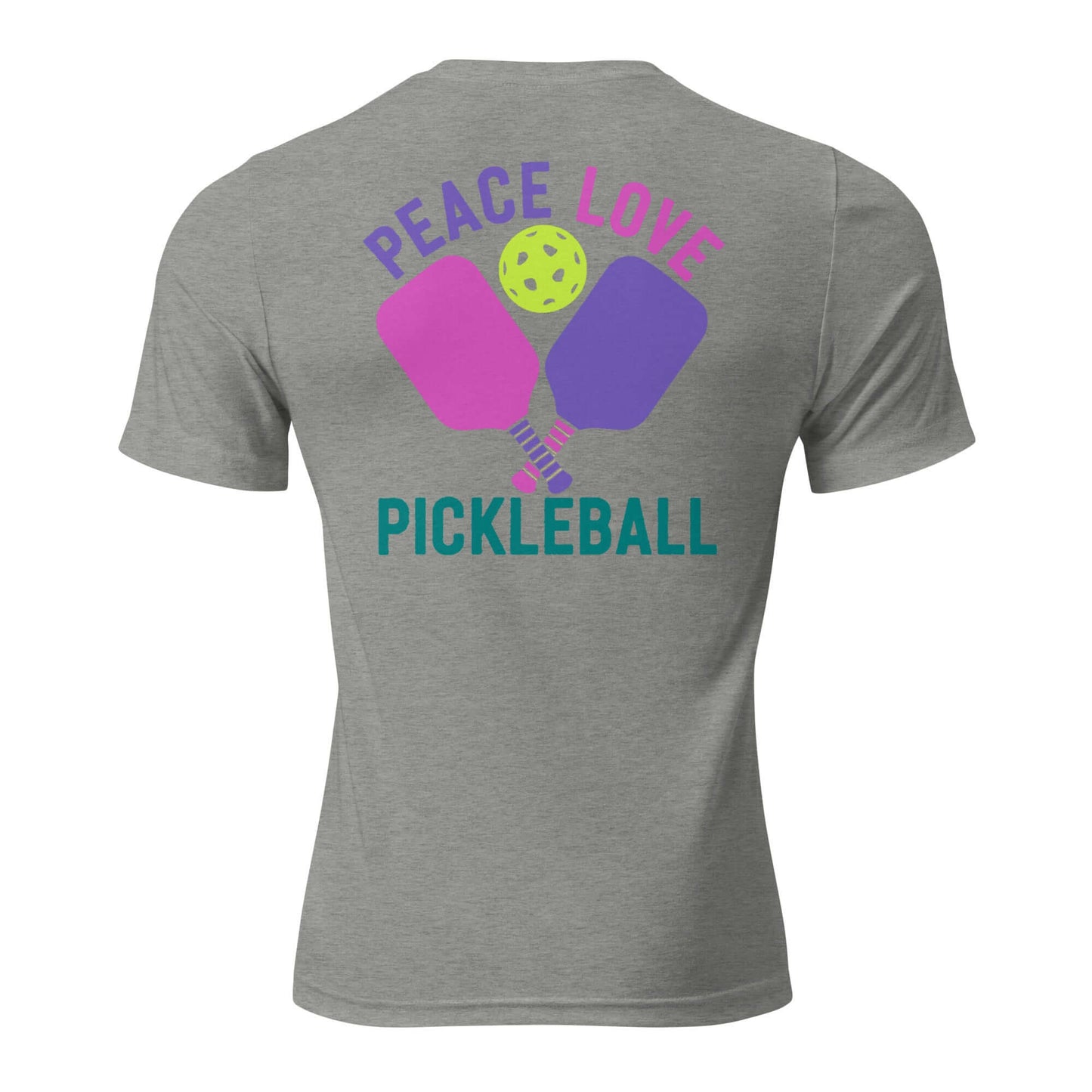Back view of Women's Peace, Love, Pickleball Short Sleeve T-Shirt with colorful paddles and ball design.