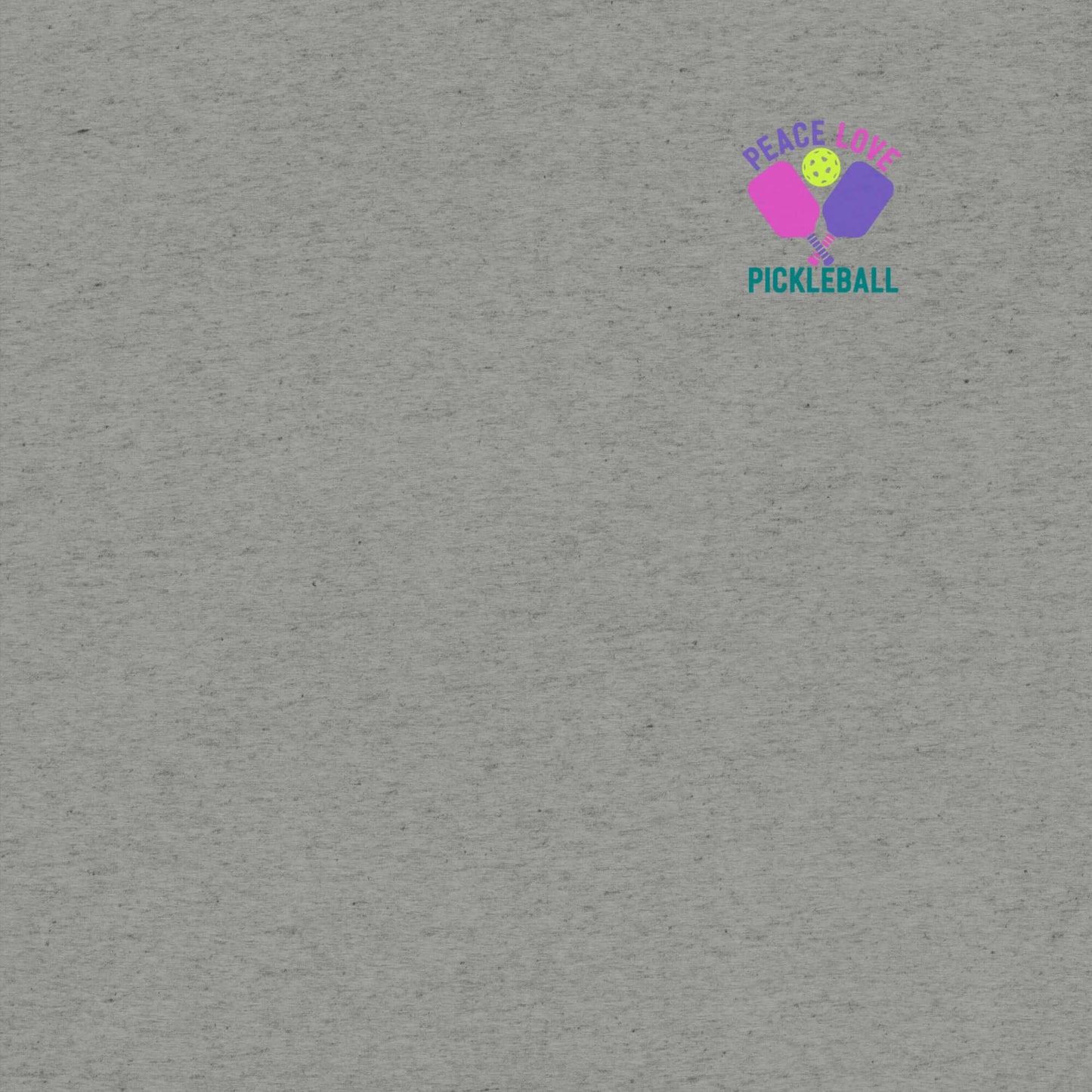 Women's Peace, Love, Pickleball T-Shirt design featuring pickleball paddles and a ball on a gray background.