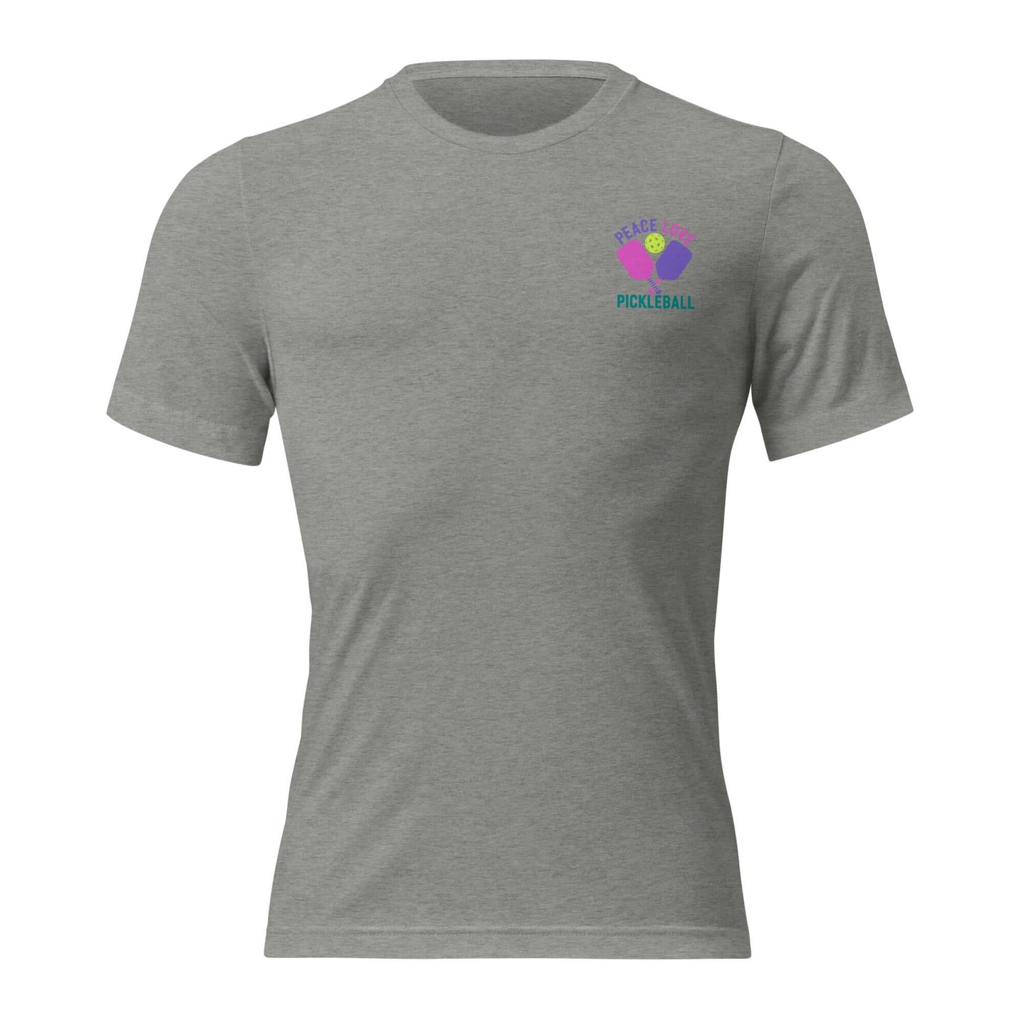 Women's Peace, Love, Pickleball Short Sleeve T-Shirt in gray with colorful logo, perfect for on and off the court.