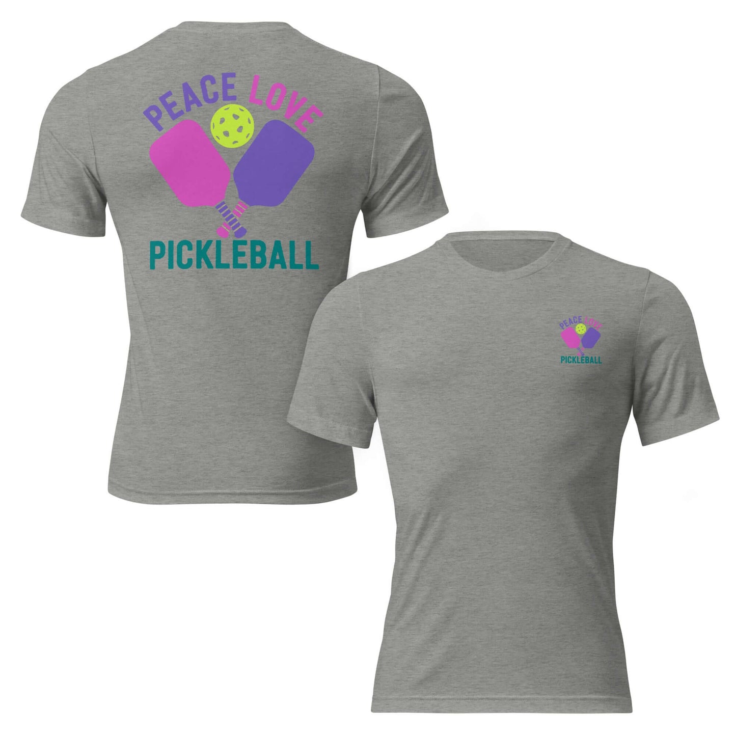 Women's grey short sleeve t-shirt featuring 'Peace Love Pickleball' graphic design.