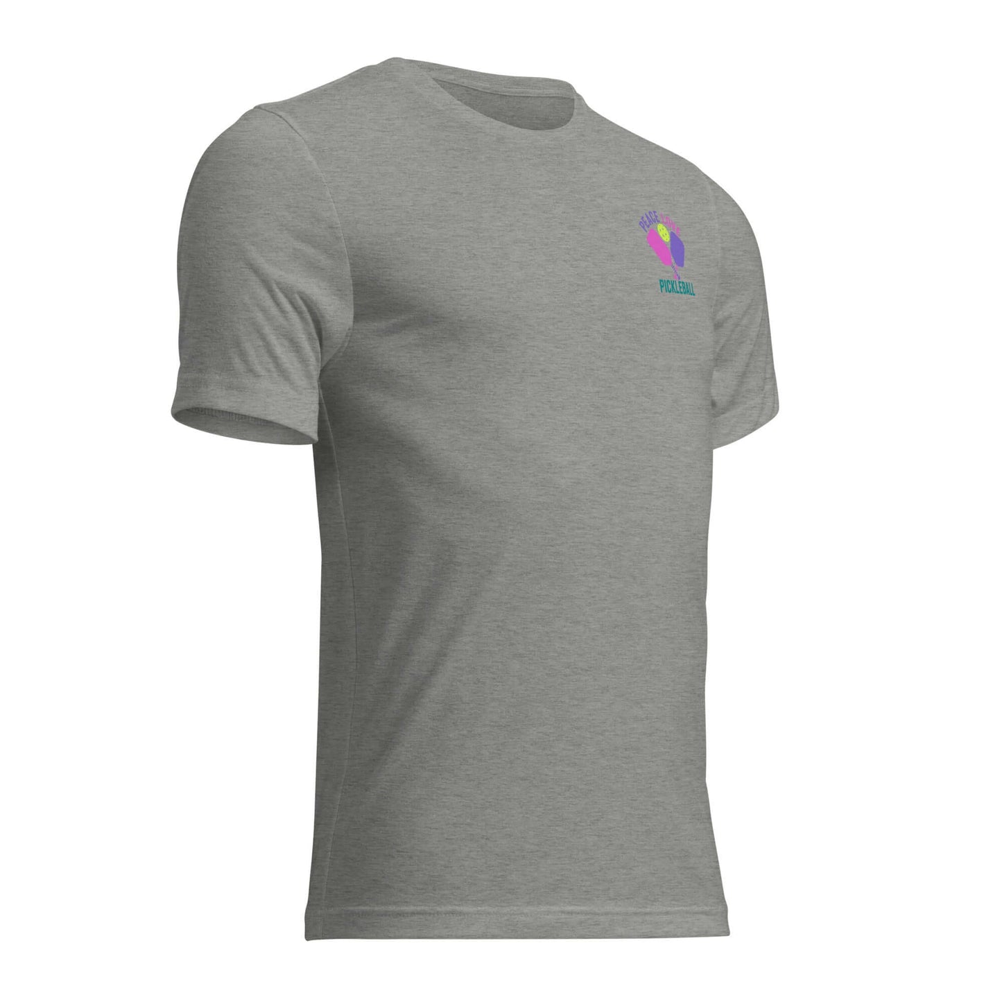 Women’s Peace, Love, Pickleball Short Sleeve T-Shirt in gray, perfect for casual wear and pickleball games.