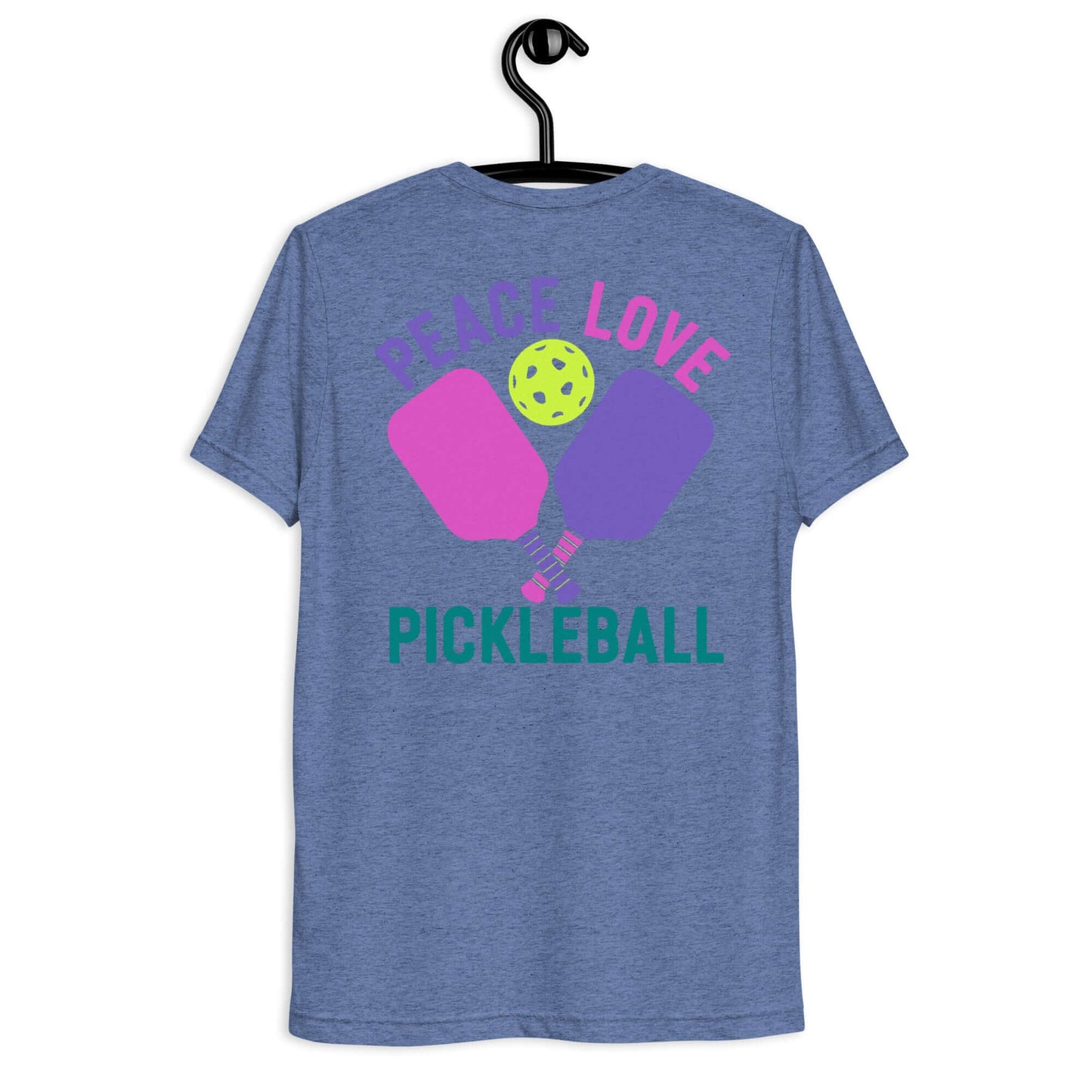 Women's Peace, Love, Pickleball Short Sleeve T-Shirt featuring colorful paddles and ball design.