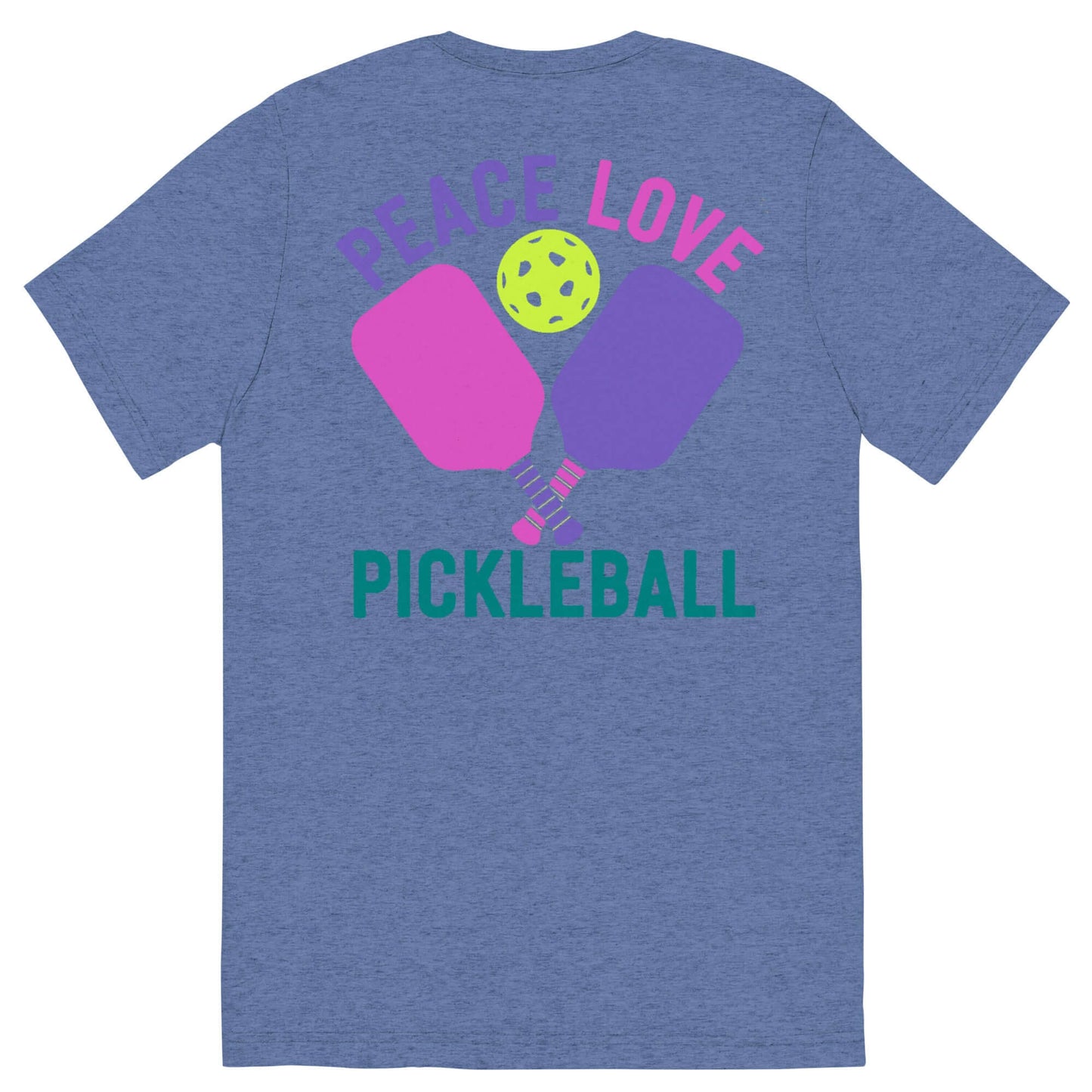 Back view of Women's Peace, Love, Pickleball Short Sleeve T-Shirt featuring vibrant graphics and a pickleball design.