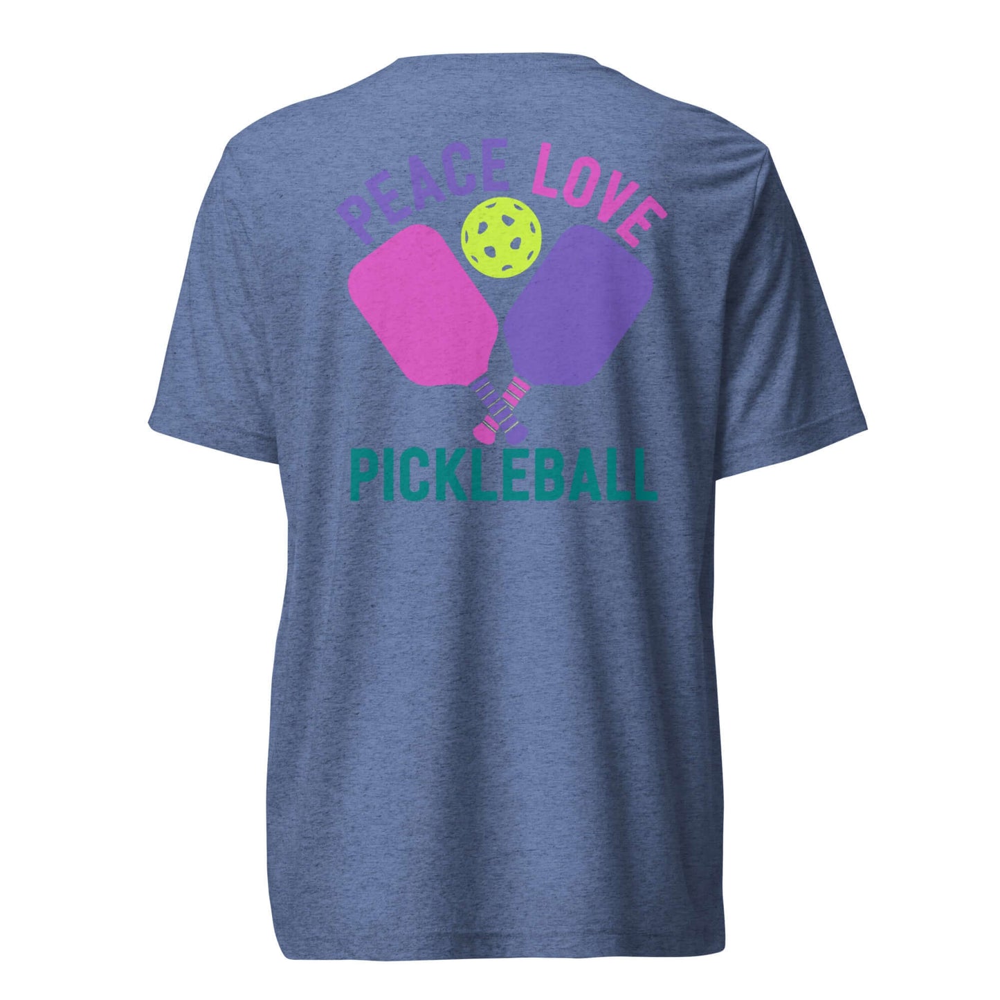 Back view of Women's Peace, Love, Pickleball Short Sleeve T-Shirt featuring colorful graphic design.
