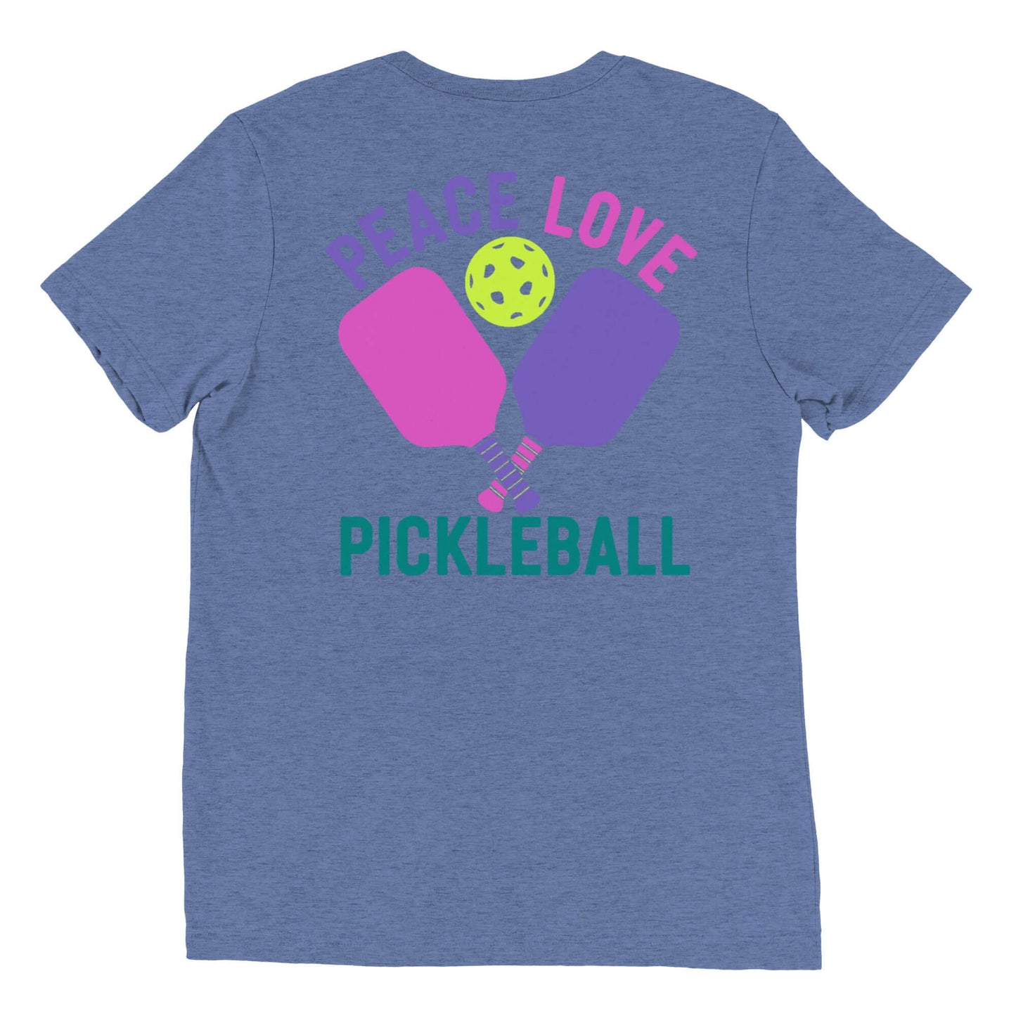 Back view of Women's Peace, Love, Pickleball Short Sleeve T-Shirt featuring pickleball paddles and ball design.