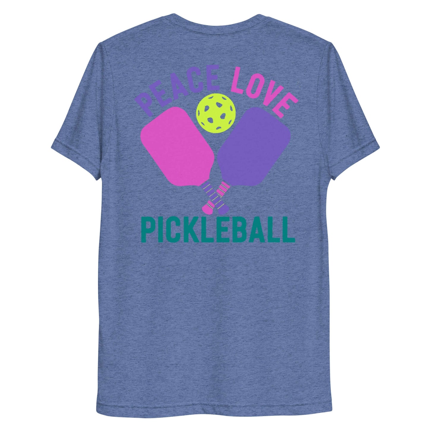 Women's Peace, Love, Pickleball Short Sleeve T-Shirt featuring paddles and a pickleball design.