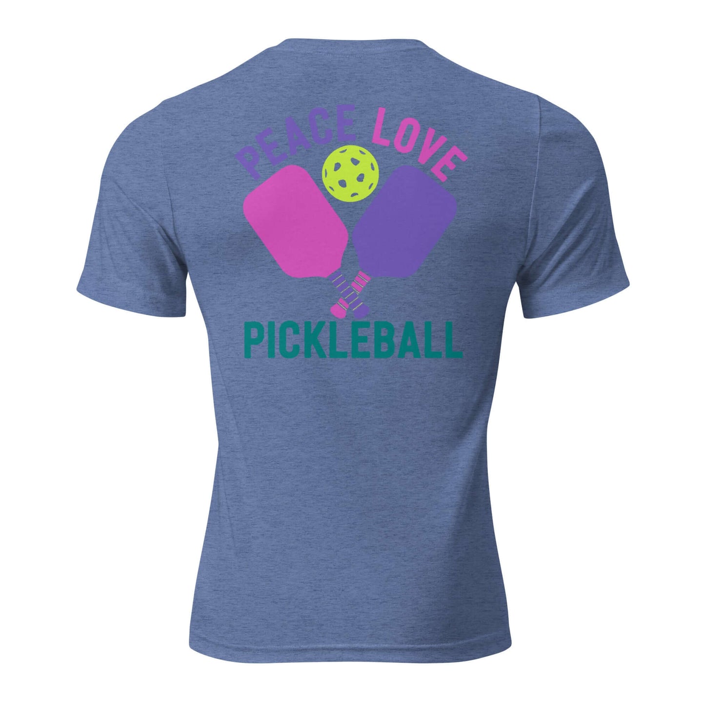 Back view of Women's Peace, Love, Pickleball T-shirt featuring colorful paddles and a pickleball design.