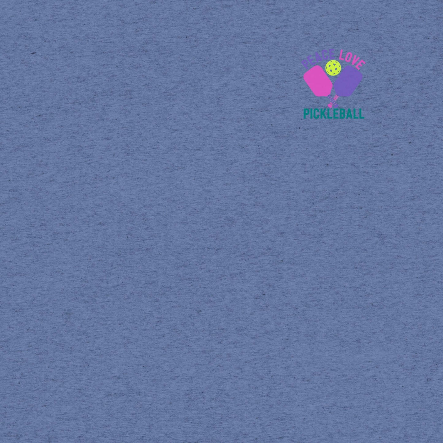 Women's Peace, Love, Pickleball Short Sleeve T-Shirt in blue with colorful logo design.