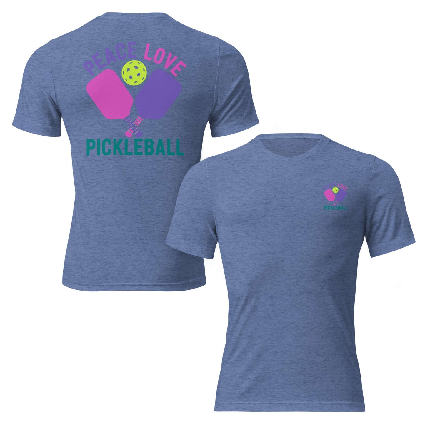 Women's Peace, Love, Pickleball Short Sleeve T-Shirt in blue with colorful graphics.