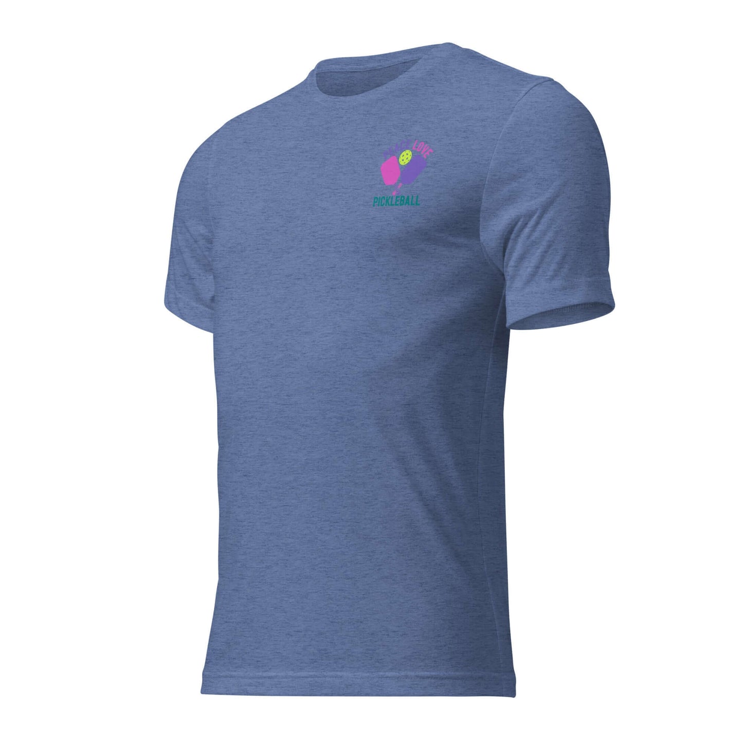 Women's Peace, Love, Pickleball Short Sleeve T-Shirt in blue, stylish and comfy for pickleball enthusiasts.