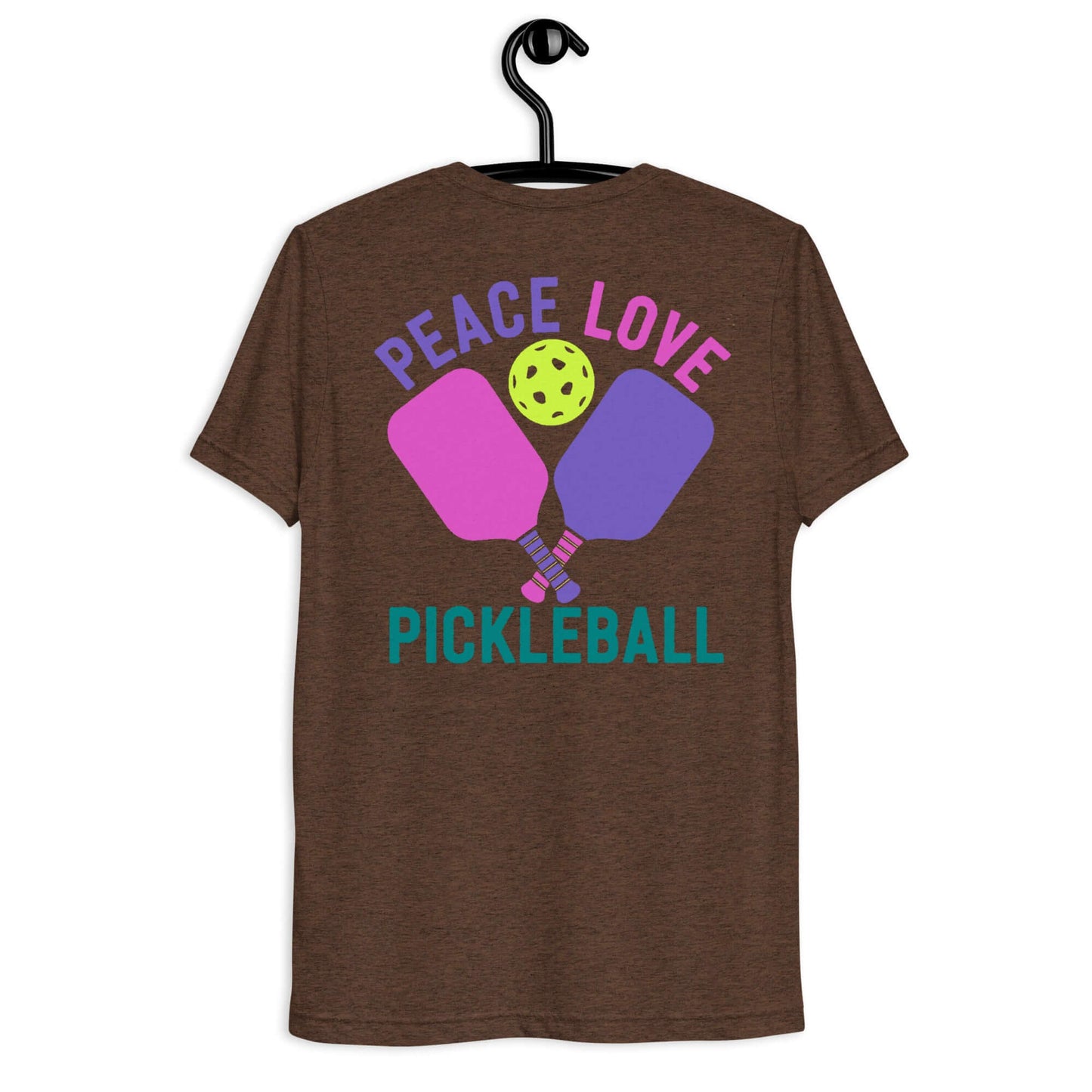 Back view of Women's Peace Love Pickleball T-Shirt featuring colorful paddles and a pickleball design.
