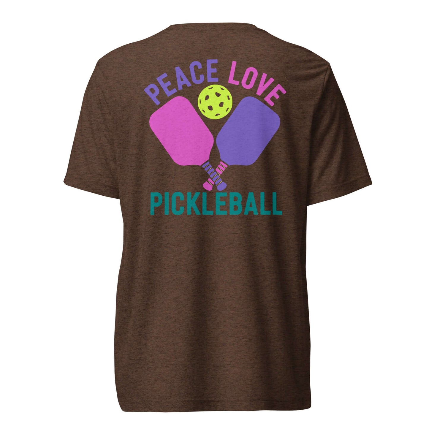 Women's brown short sleeve t-shirt featuring 'Peace Love Pickleball' with colorful paddles and a ball.