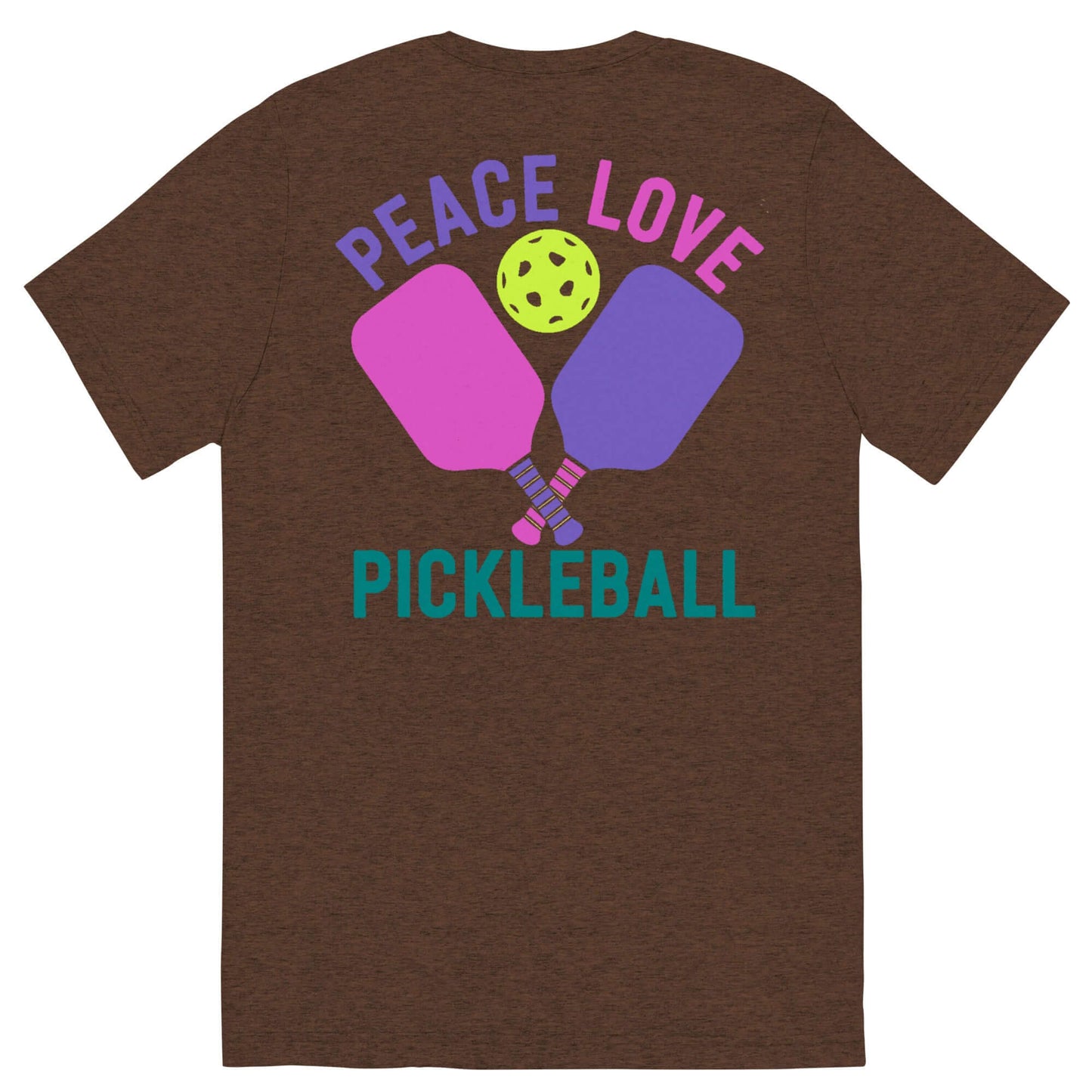 Back view of Women's Peace, Love, Pickleball Short Sleeve T-Shirt featuring paddles and a ball design.