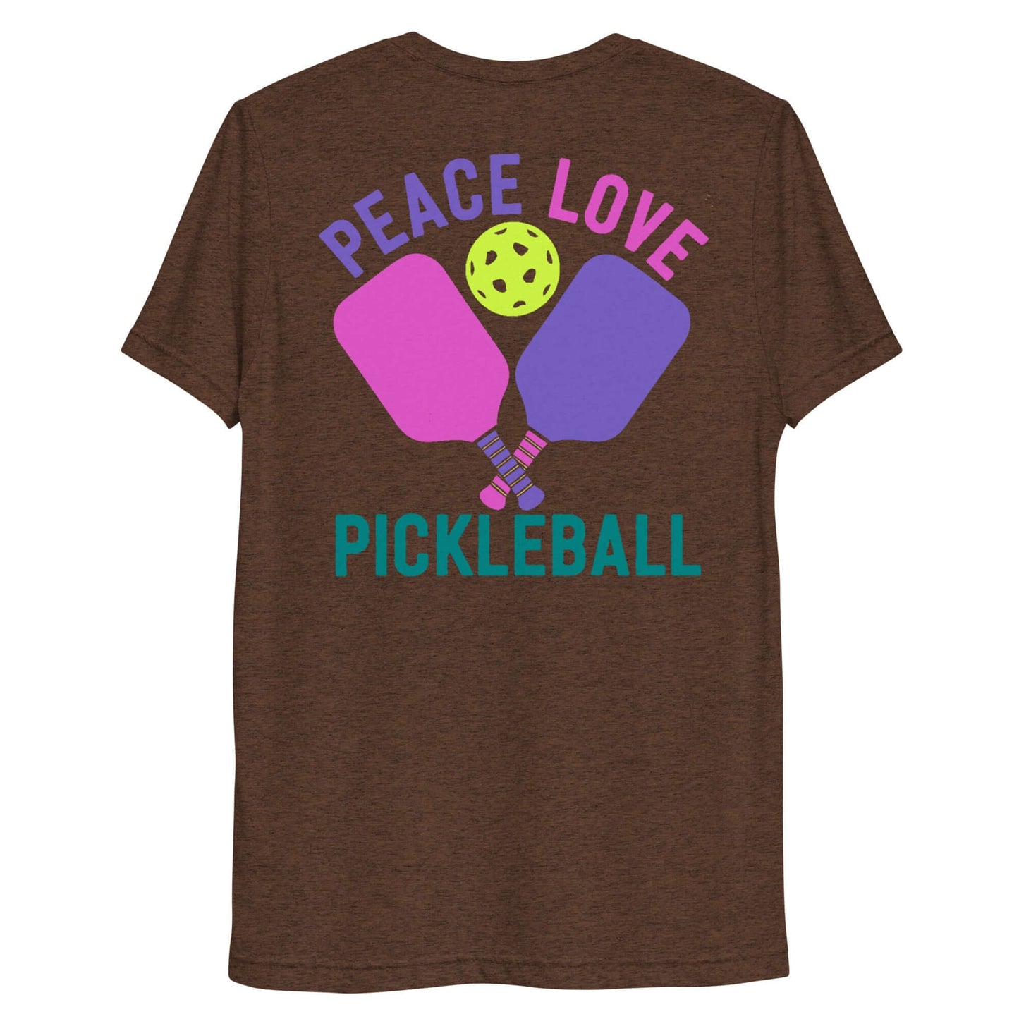 Brown short sleeve tee featuring 'Peace Love Pickleball' with paddles and a pickleball graphic.