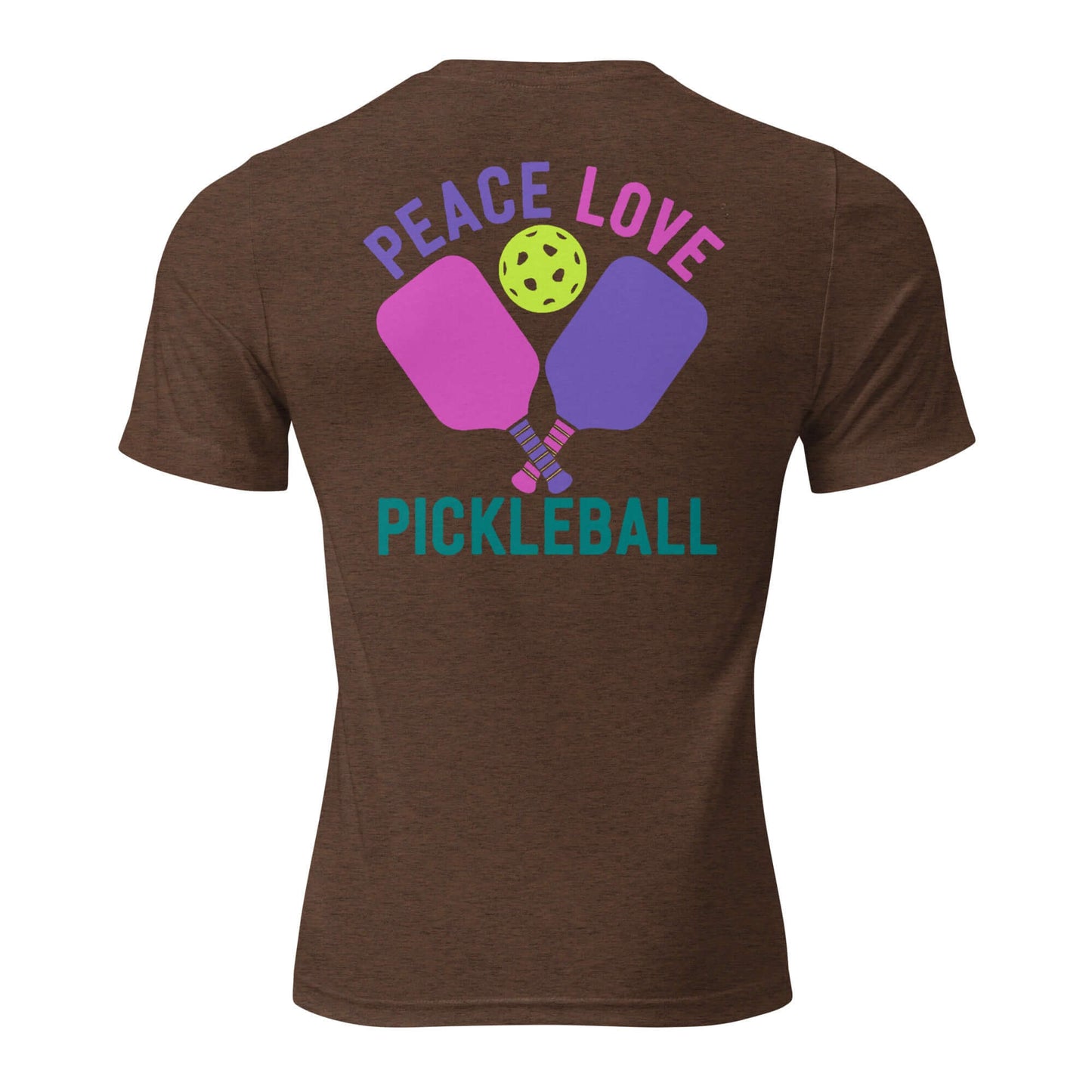 Back view of Women's Peace, Love, Pickleball t-shirt featuring colorful pickleball paddles and ball design.