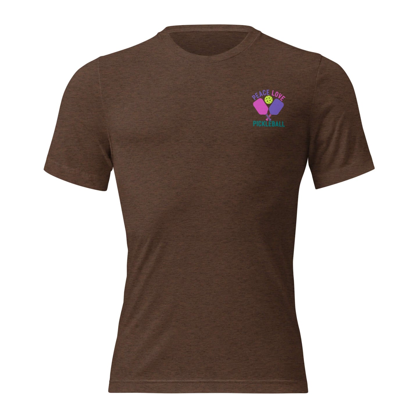 Women's brown short sleeve t-shirt with 'Peace Love Pickleball' graphic on the chest, perfect for pickleball lovers.