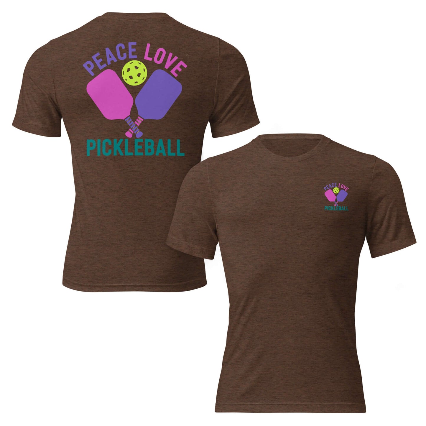 Women's Peace Love Pickleball Short Sleeve T-Shirt in brown, featuring colorful pickleball graphic design.