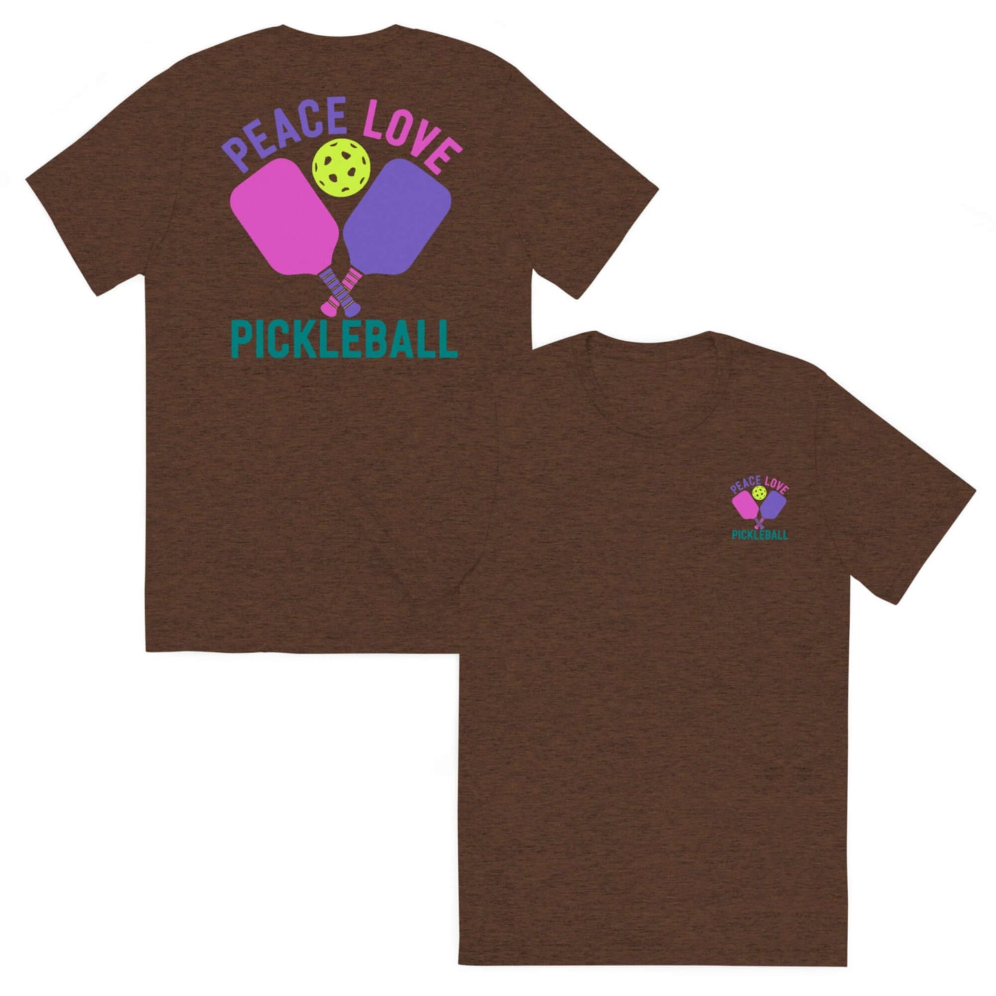 Women's Peace, Love, Pickleball Short Sleeve T-Shirt featuring pickleball paddles and vibrant graphics.