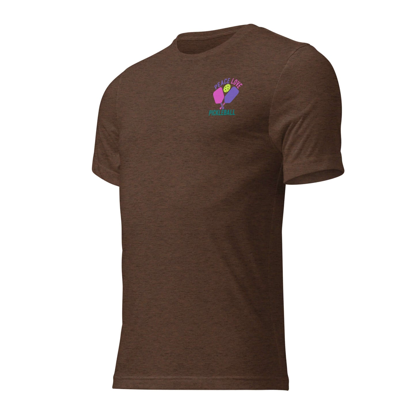 Women's Peace, Love, Pickleball Short Sleeve T-Shirt in brown, perfect for casual wear and pickleball matches.