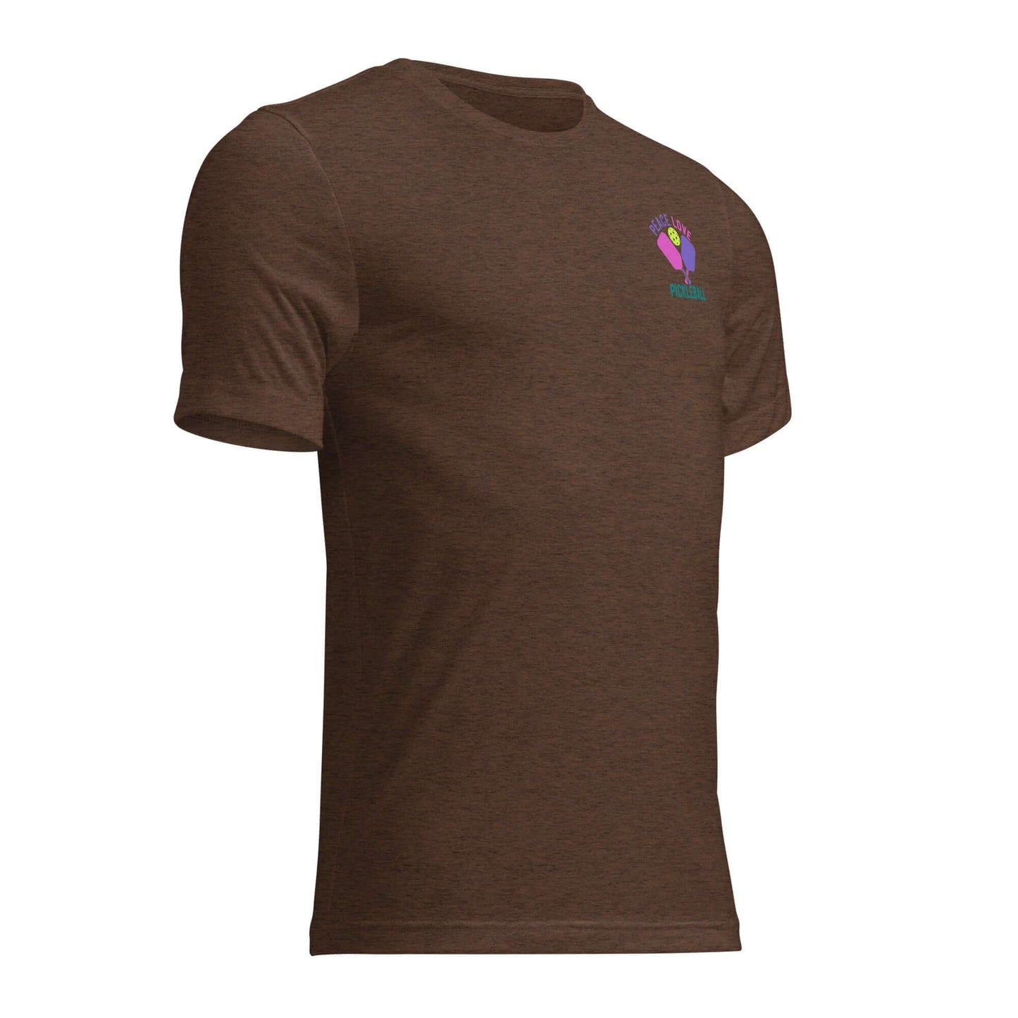 Brown short sleeve t-shirt featuring pickleball-themed design with peace and love graphics.