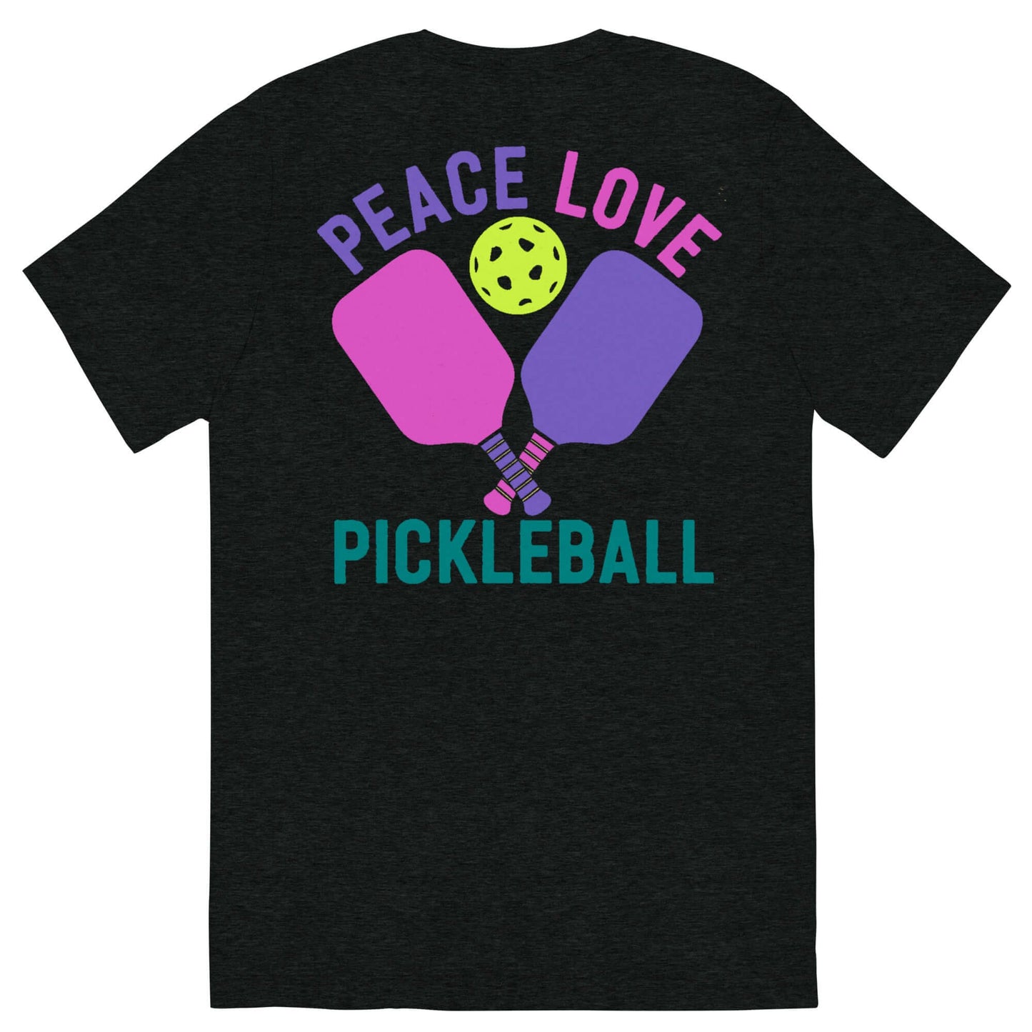Back view of Women's Peace, Love, Pickleball T-shirt featuring paddles and pickleball graphic.