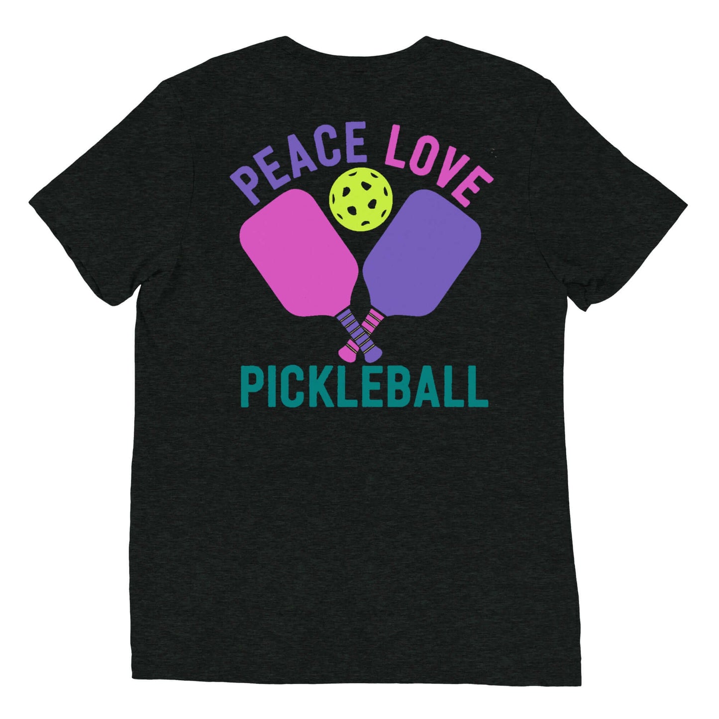 Women's Peace, Love, Pickleball T-Shirt featuring vibrant graphic design with paddles and ball.