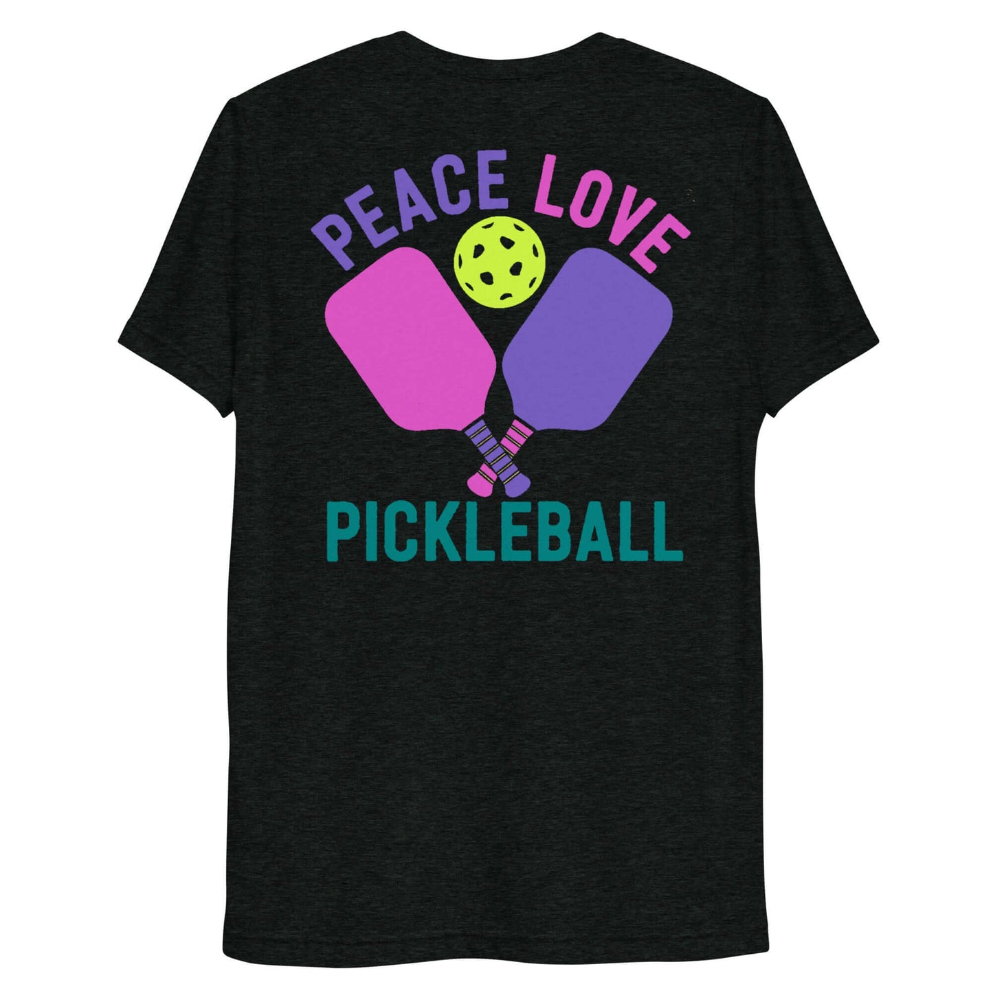 Women's Peace Love Pickleball T-Shirt featuring colorful paddles and a pickleball graphic.