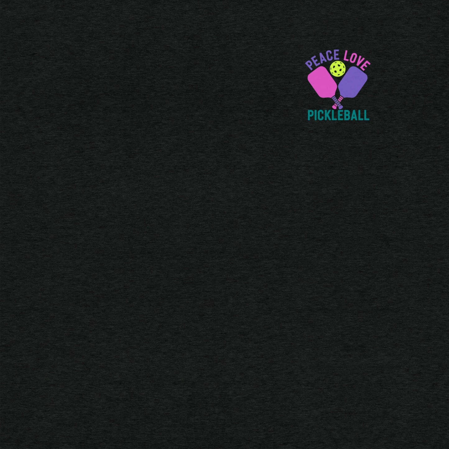 Women's Peace Love Pickleball Short Sleeve T-Shirt with colorful graphic logo on dark fabric.
