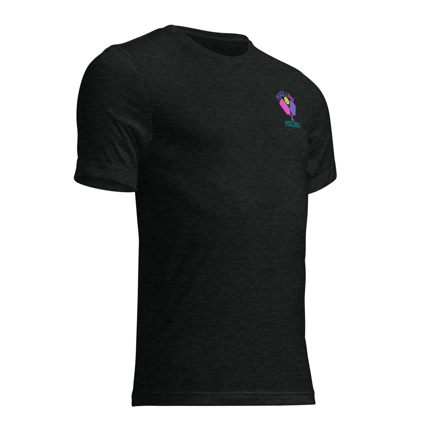 Women's Peace, Love, Pickleball Short Sleeve T-Shirt in black with colorful graphic design.