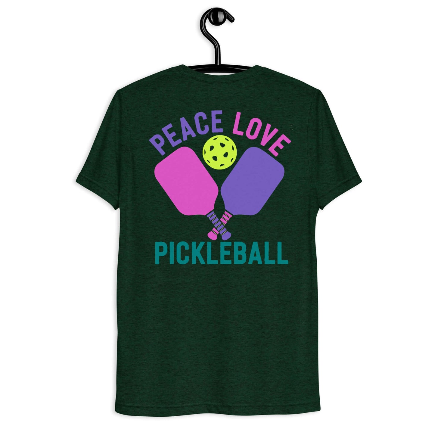 Back view of Women's Peace, Love, Pickleball Short Sleeve T-Shirt in dark green with graphic design.