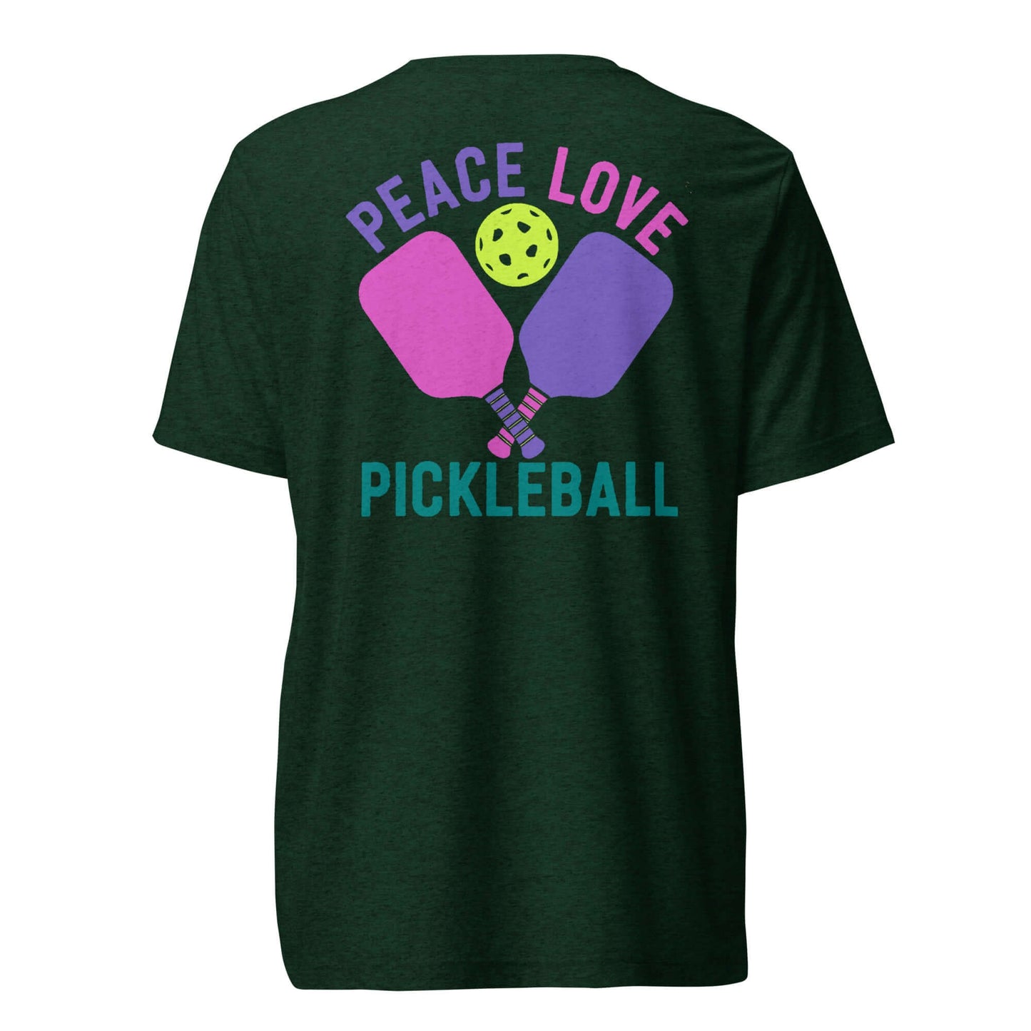 Back view of Women's Peace Love Pickleball Short Sleeve T-Shirt featuring paddles and a pickleball design.
