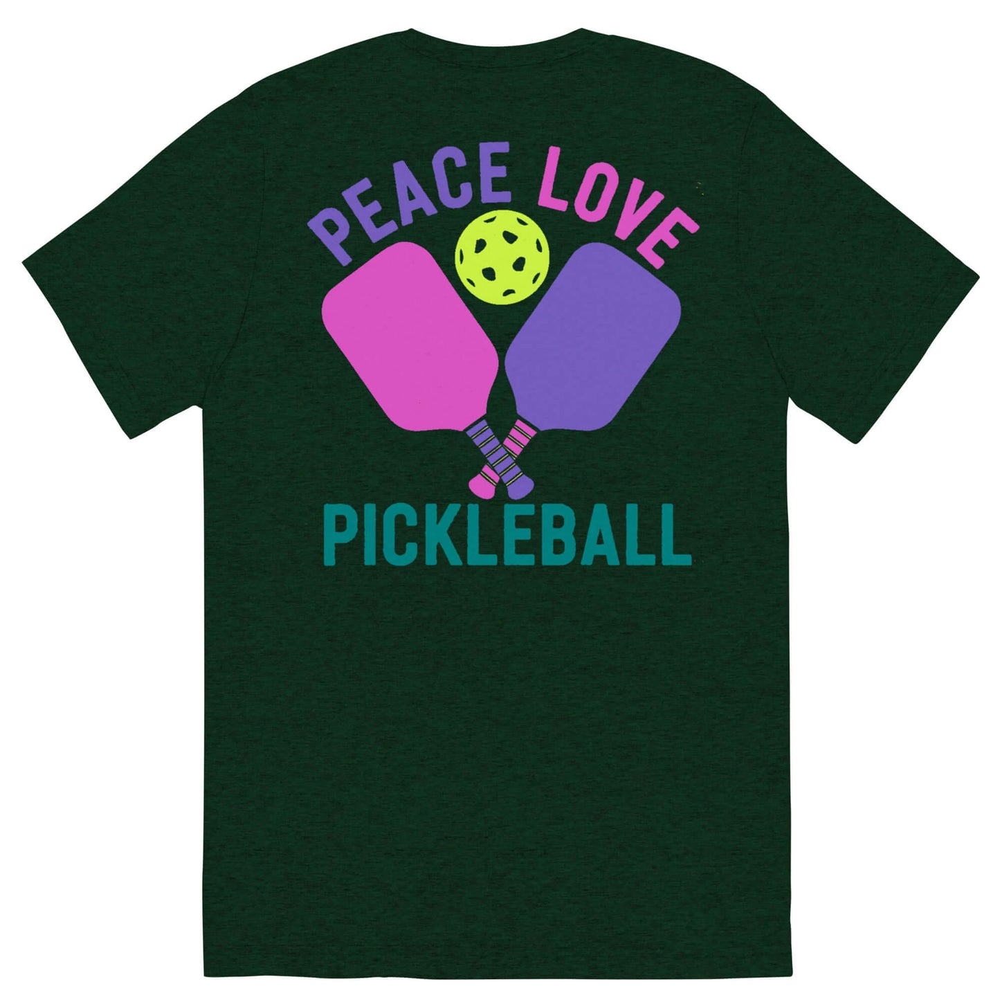 Back view of Women's Peace, Love, Pickleball T-Shirt featuring colorful paddle graphics and text design.