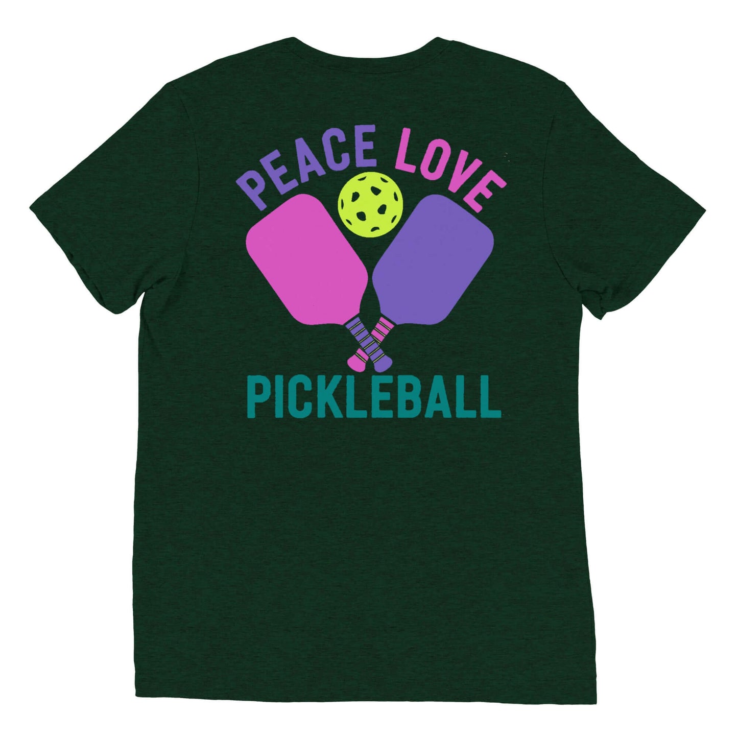 Women's Peace, Love, Pickleball T-Shirt featuring paddles and ball design on dark green fabric.