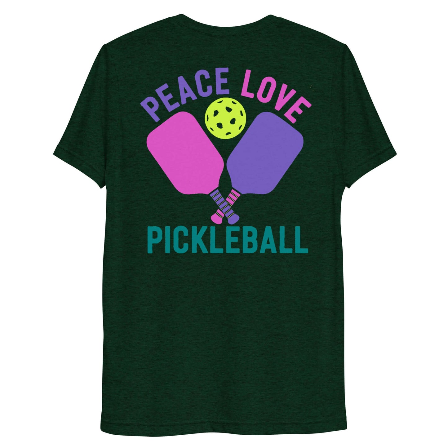 Back view of women's Peace, Love, Pickleball short sleeve t-shirt featuring paddles and a pickleball design.