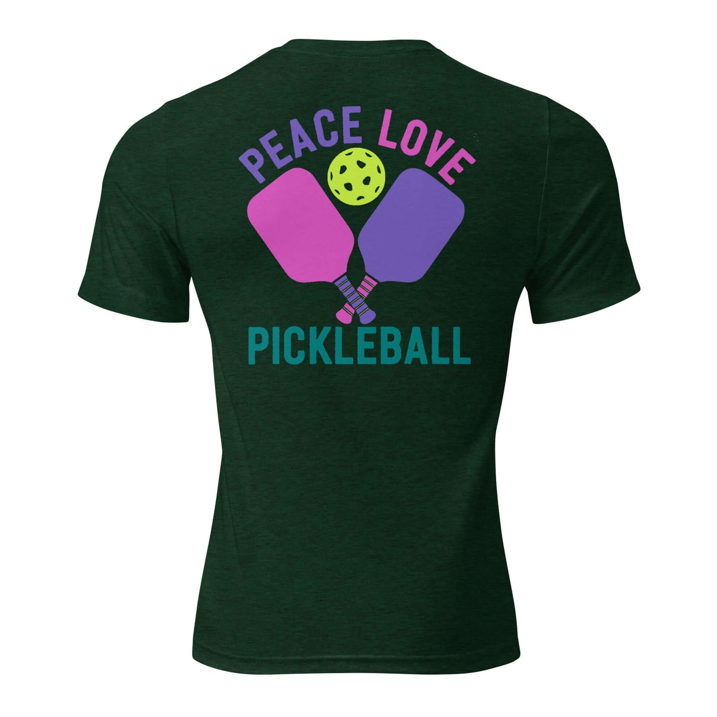 Back view of Women's Peace, Love, Pickleball Short Sleeve T-Shirt featuring colorful paddles and a pickleball graphic.