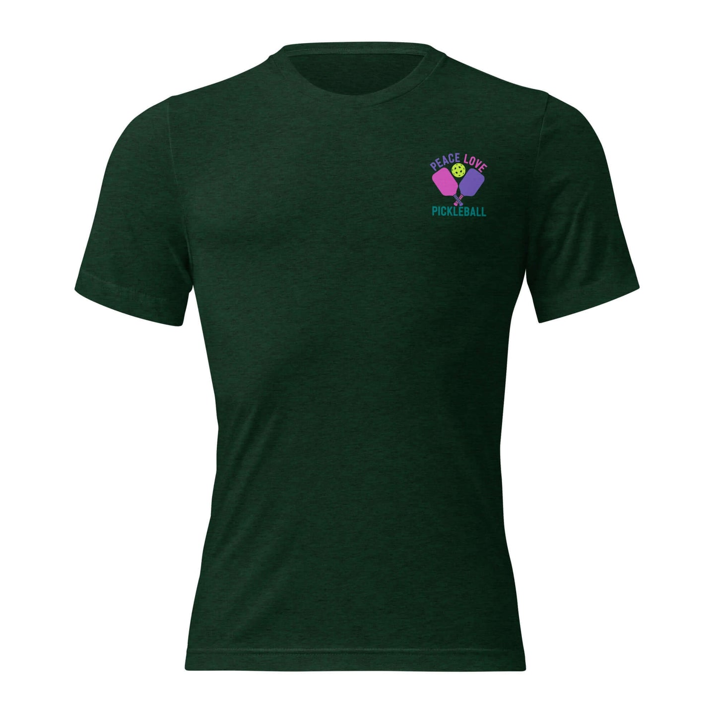 Dark green short sleeve t-shirt featuring 'Peace Love Pickleball' design for pickleball enthusiasts.