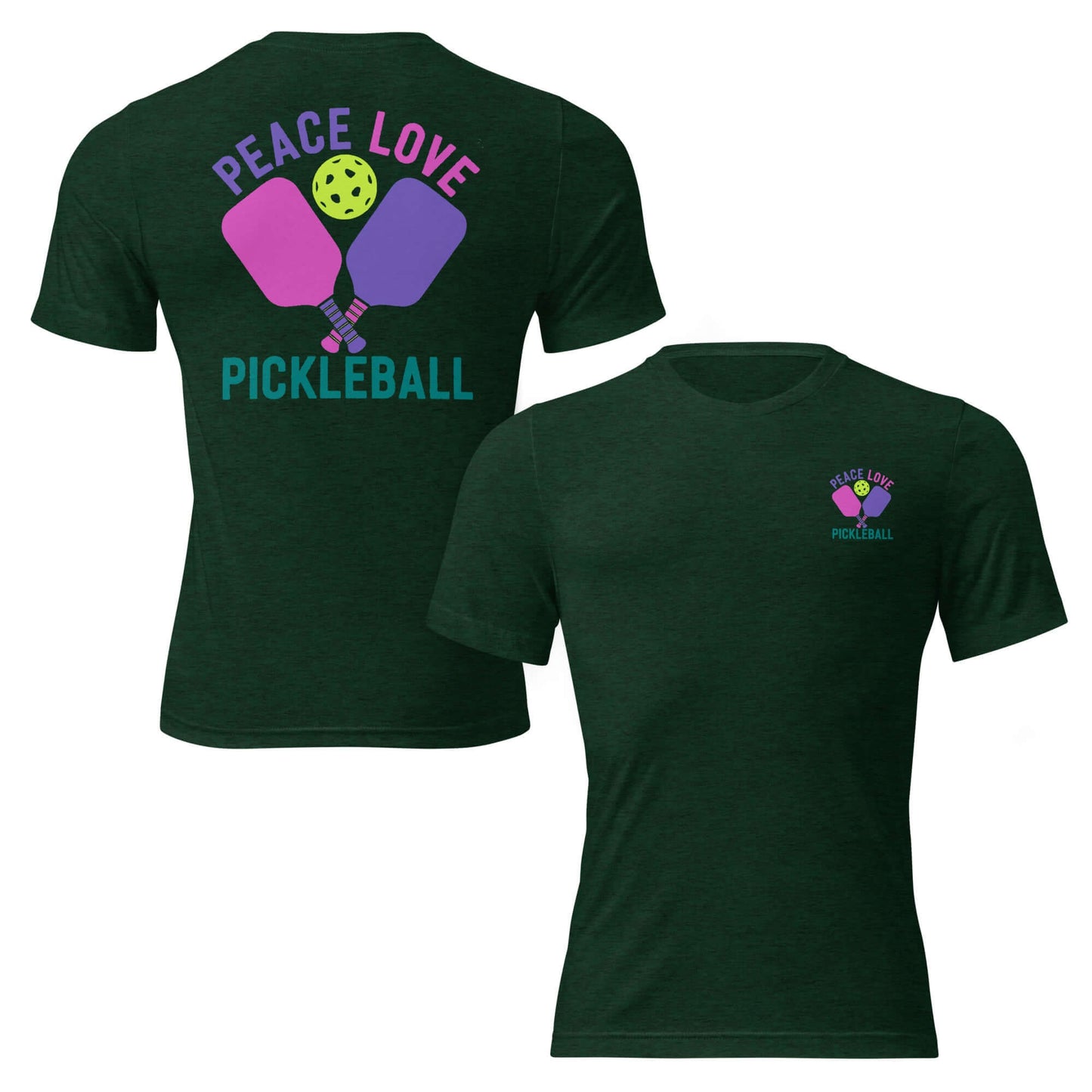 Women's Peace, Love, Pickleball Short Sleeve T-Shirt featuring paddle and ball design in vibrant colors.