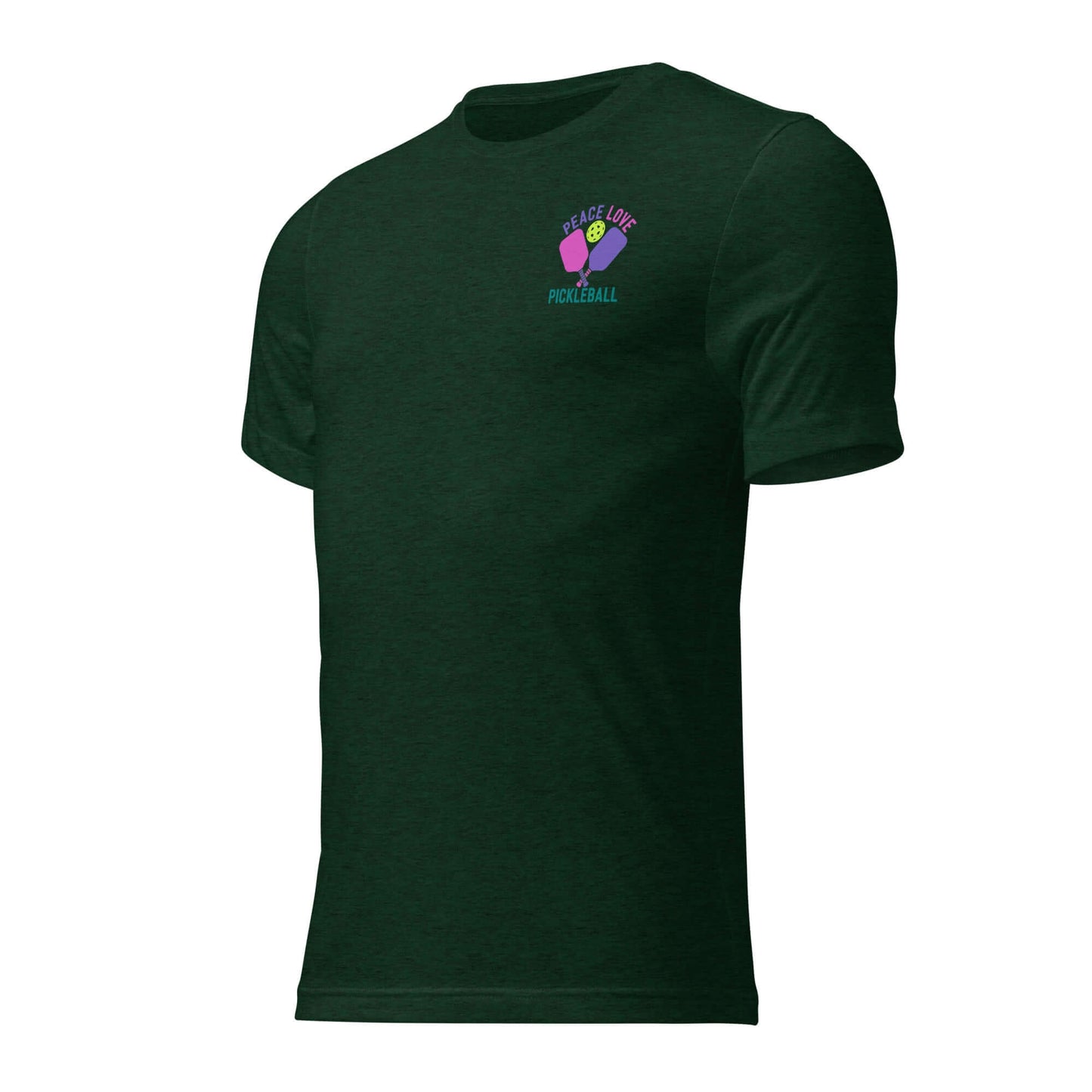 Green short sleeve Women's Peace, Love, Pickleball T-Shirt with colorful graphic design.