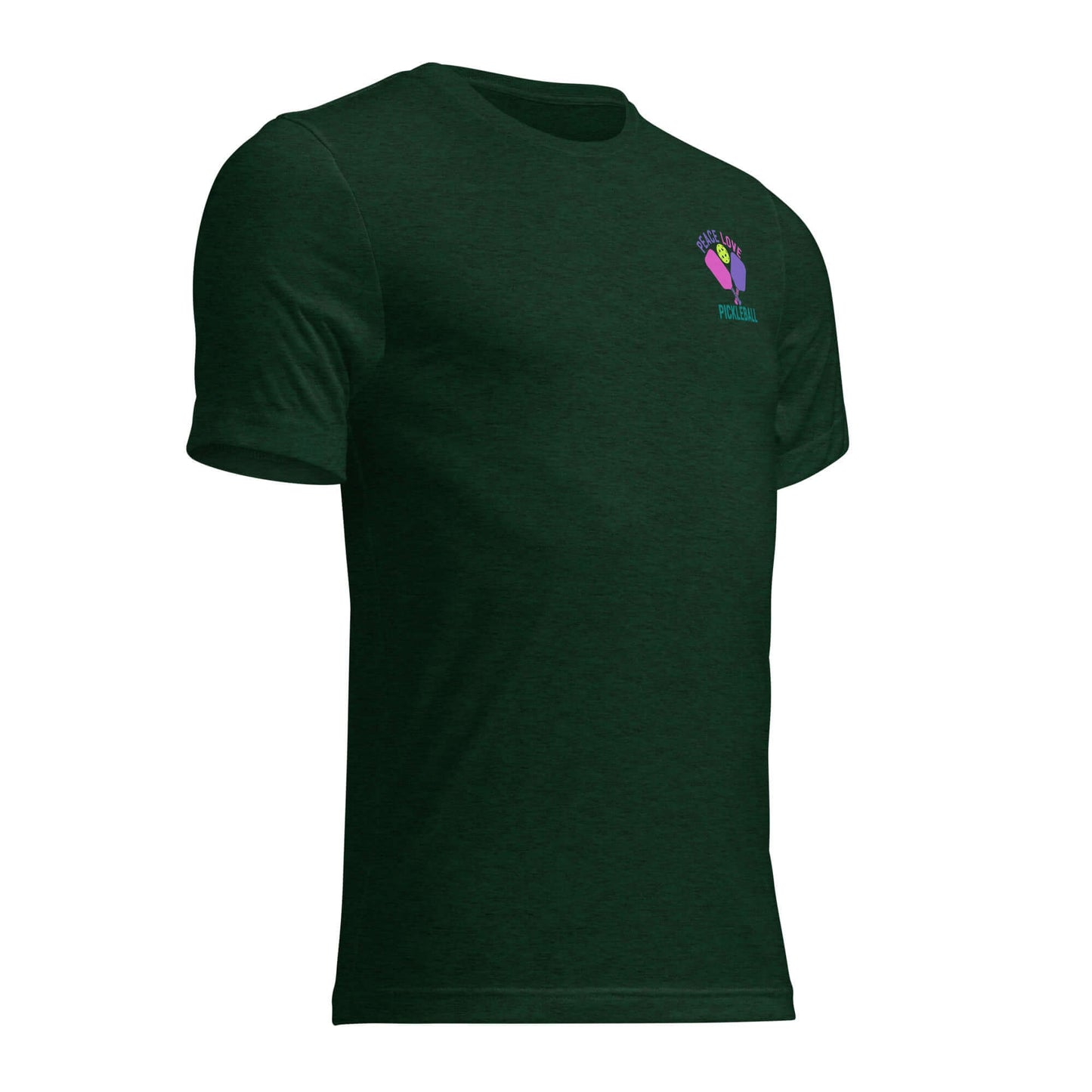 Women’s Peace, Love, Pickleball Short Sleeve T-Shirt in dark green, perfect for casual wear and pickleball games.