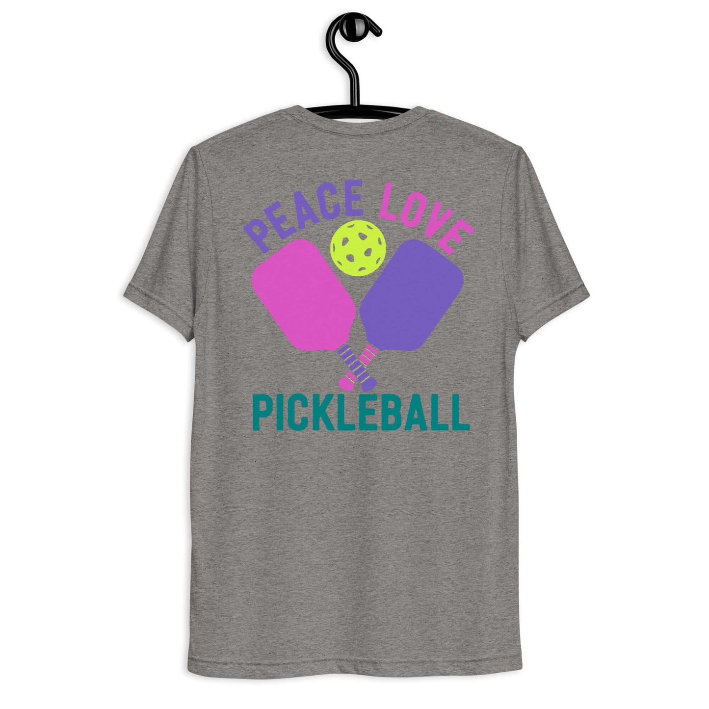 Back view of Women's Peace, Love, Pickleball T-Shirt featuring paddles and a ball design.