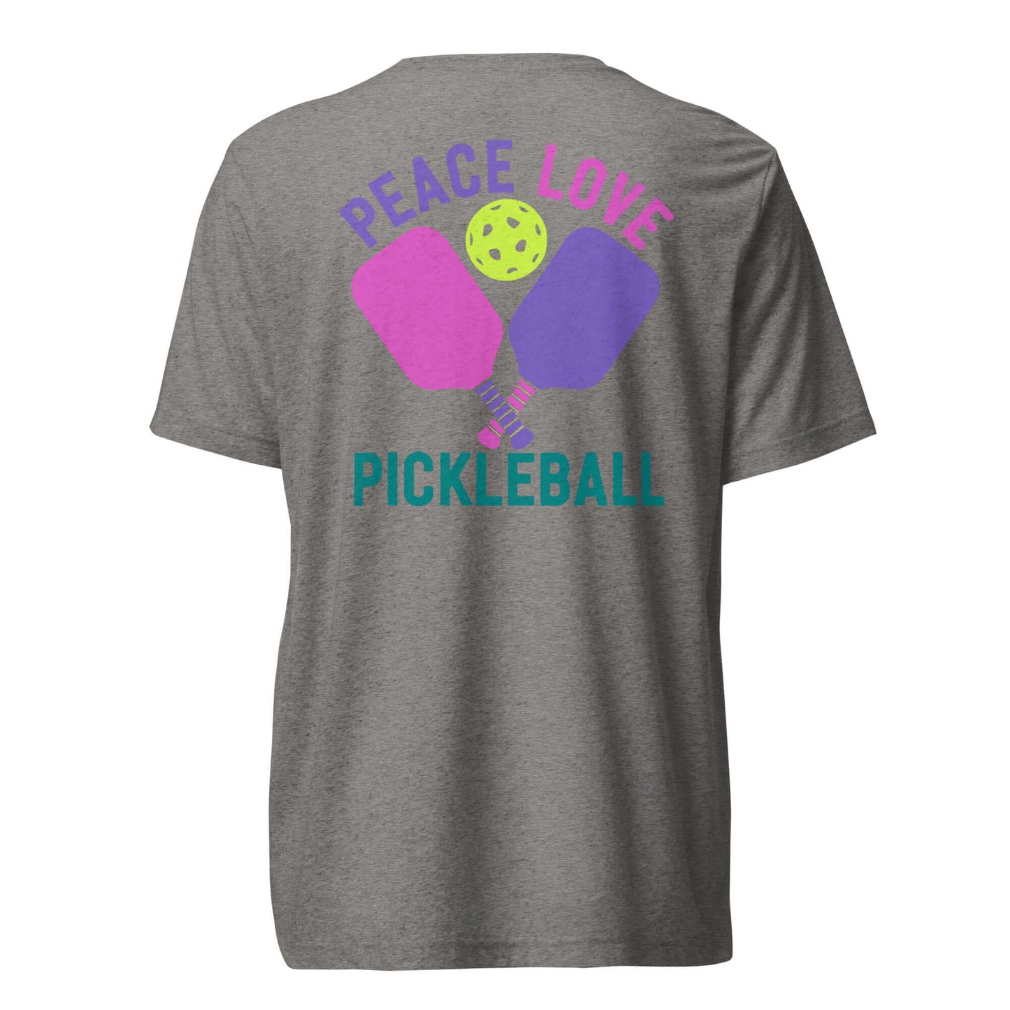 Back view of Women's Peace, Love, Pickleball T-Shirt featuring colorful graphics and pickleball paddles.