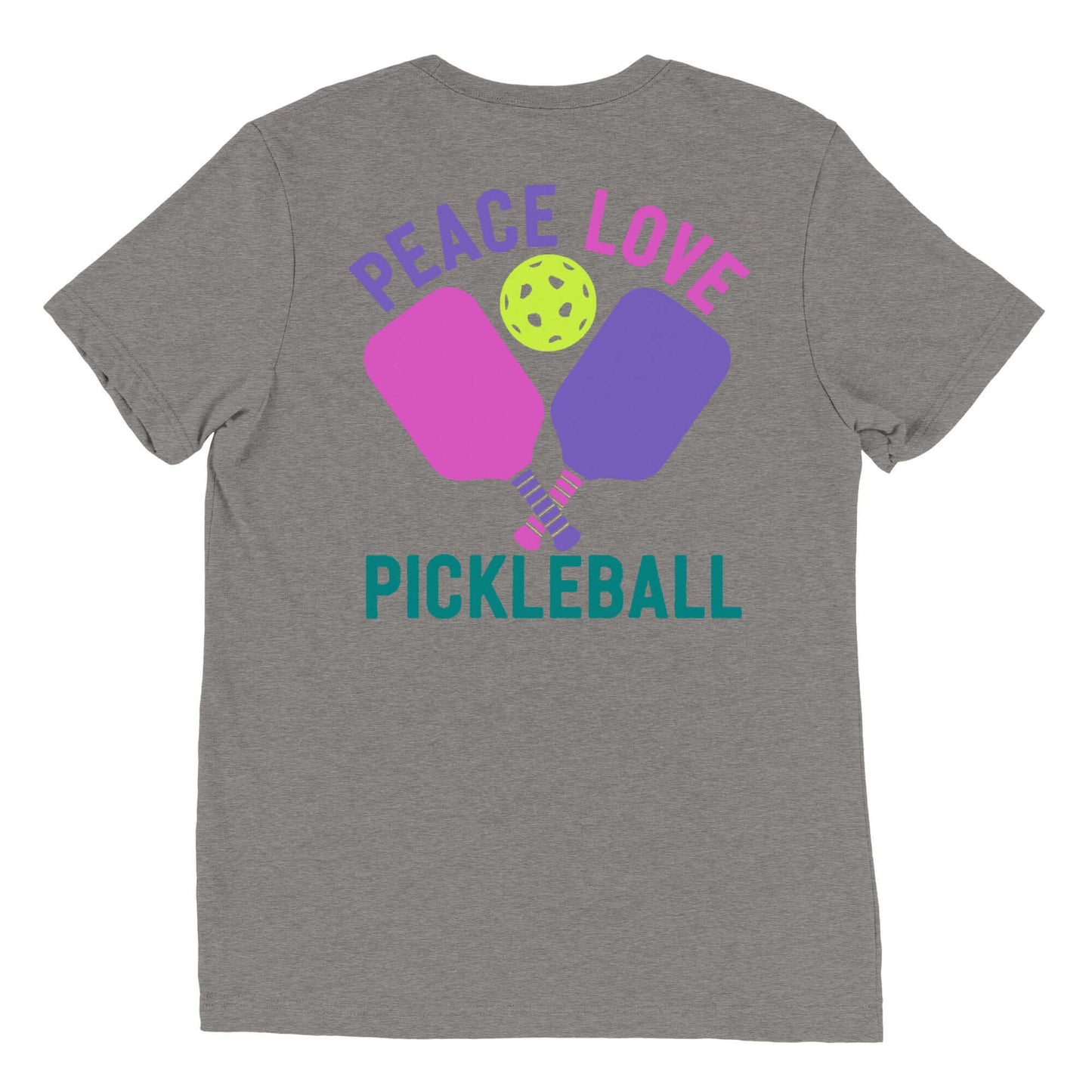 Back view of women's Peace, Love, Pickleball short sleeve t-shirt with colorful paddles and ball design.