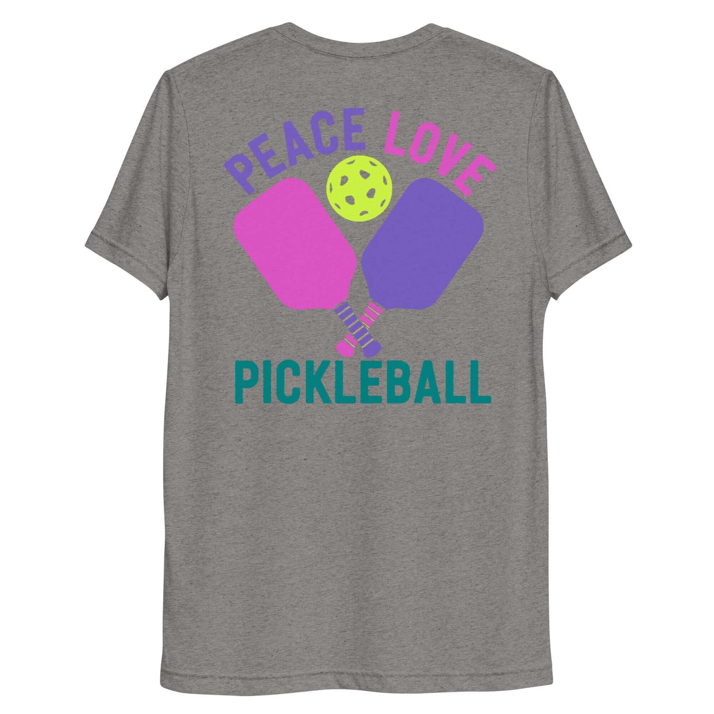 Women’s Peace, Love, Pickleball Short Sleeve T-Shirt showcasing vibrant graphics on the back.