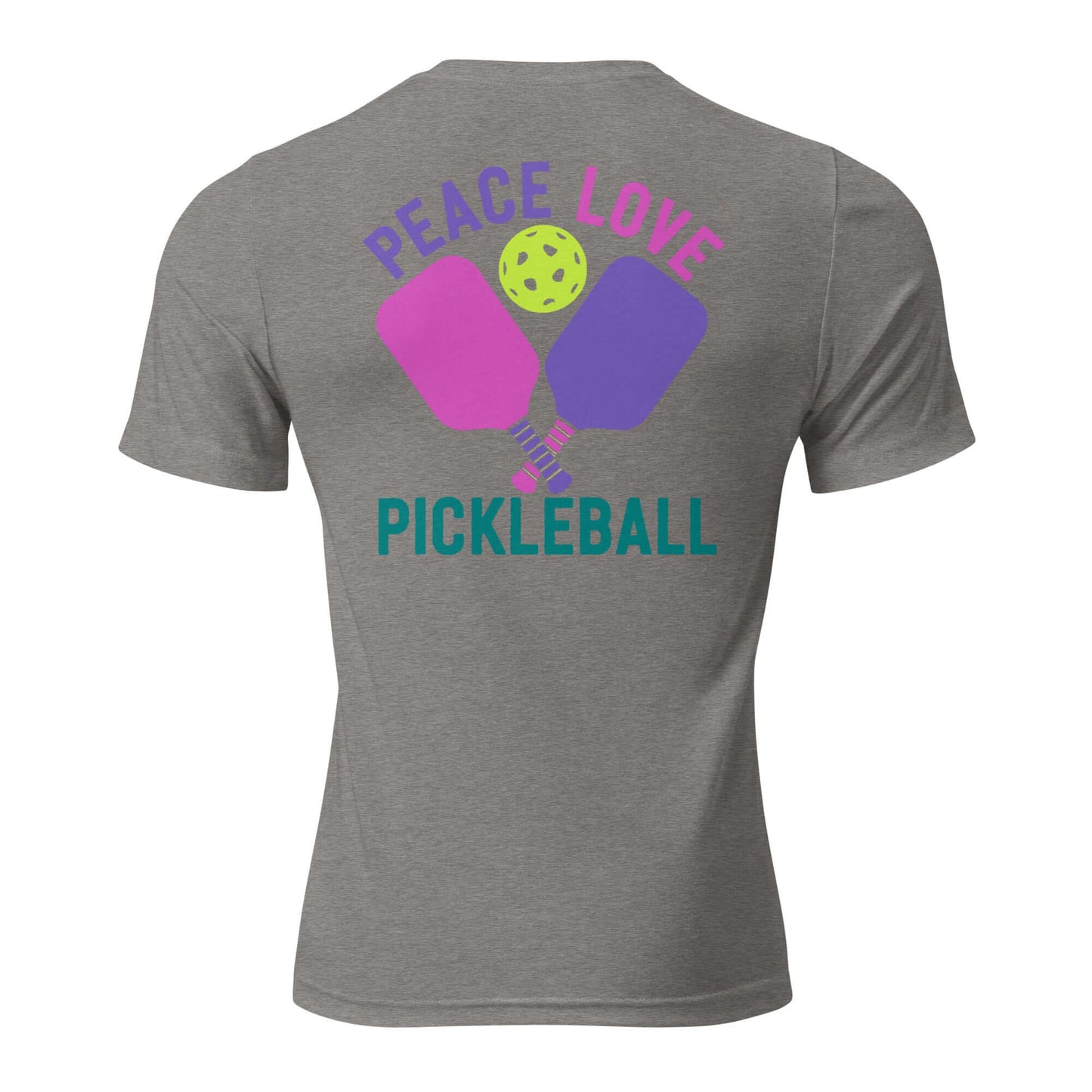 Back view of Women's Peace, Love, Pickleball Short Sleeve T-Shirt featuring colorful paddles and a pickleball graphic.