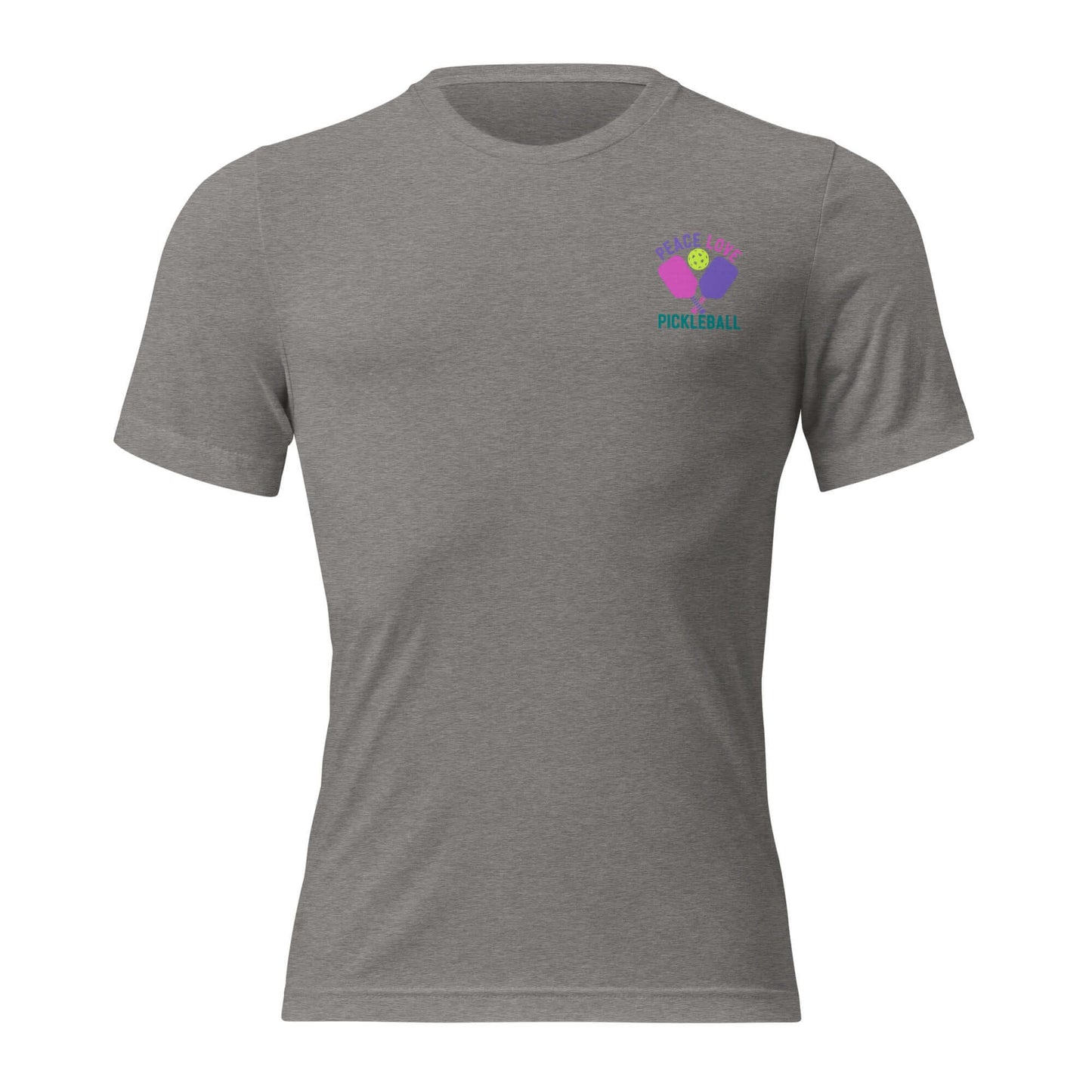Women's gray short sleeve T-shirt featuring a pickleball graphic, perfect for casual wear and sports activities.