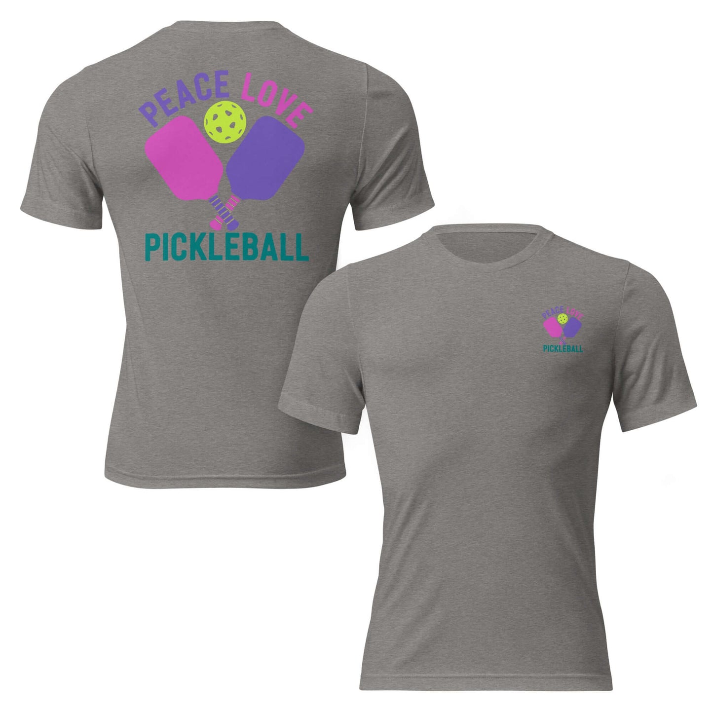 Women's peace love pickleball short sleeve t-shirt in gray featuring vibrant graphics and premium blend fabric.