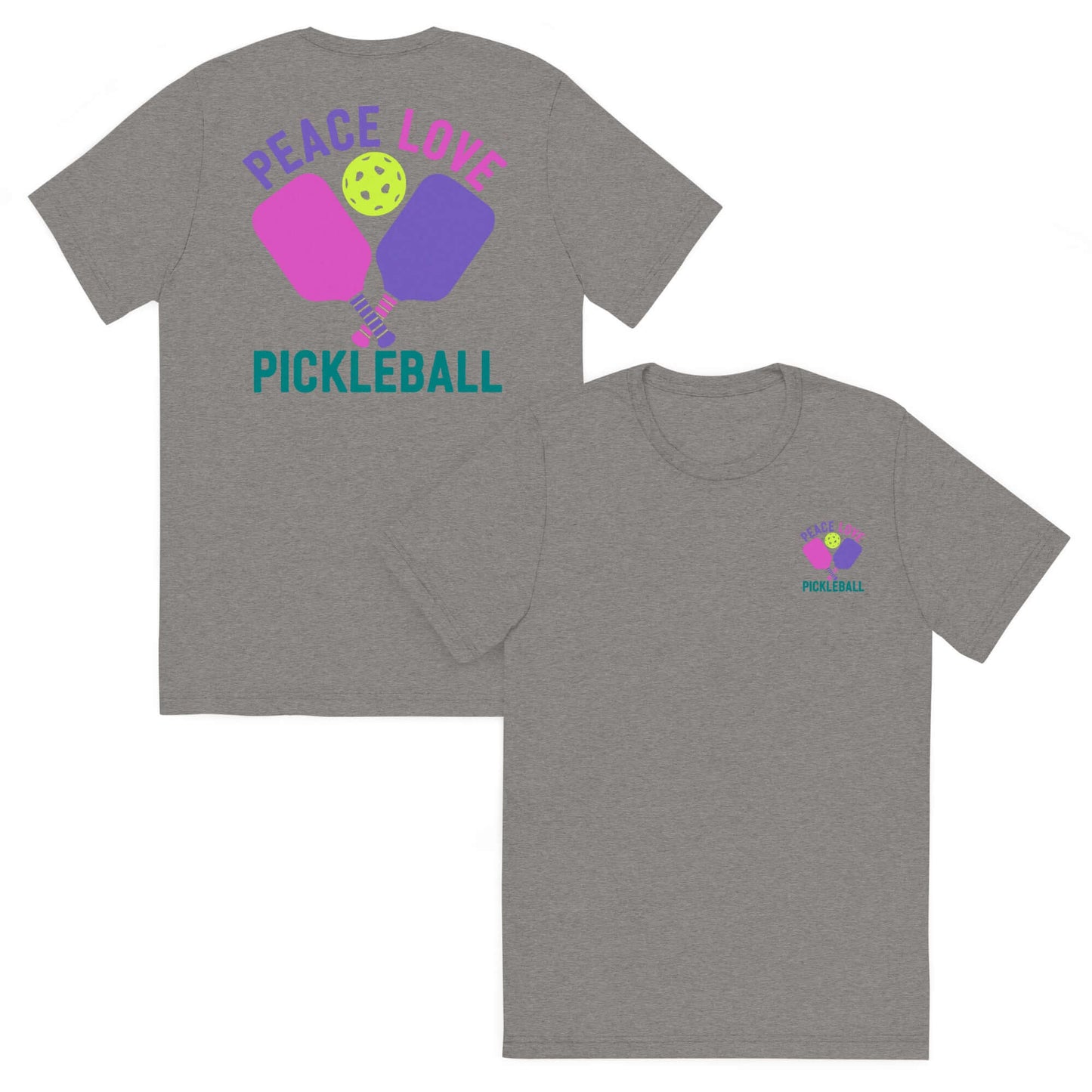 Women's gray short sleeve t-shirt featuring 'Peace Love Pickleball' graphic design with paddles and ball.
